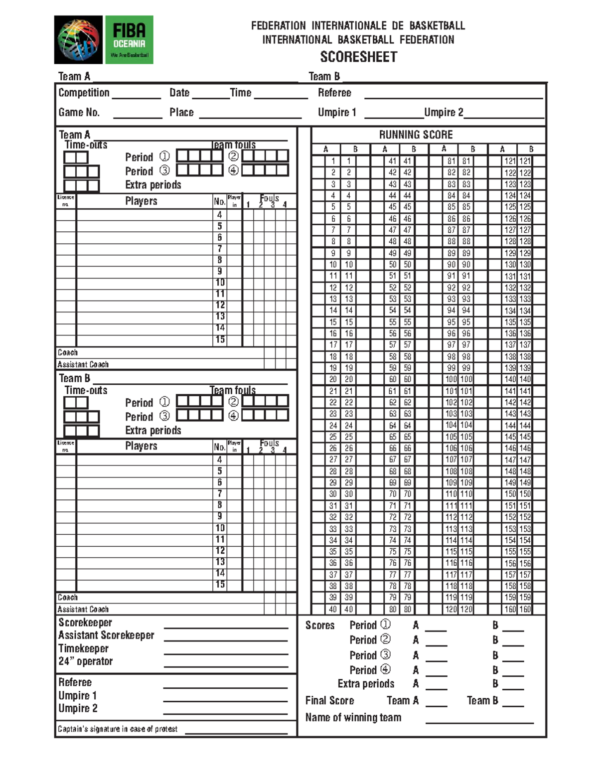 FIBA Scoresheet Scoresheet For Volleyball FEDERATION FIBA Scoresheet Scoresheet For Volleyball FEDERATION