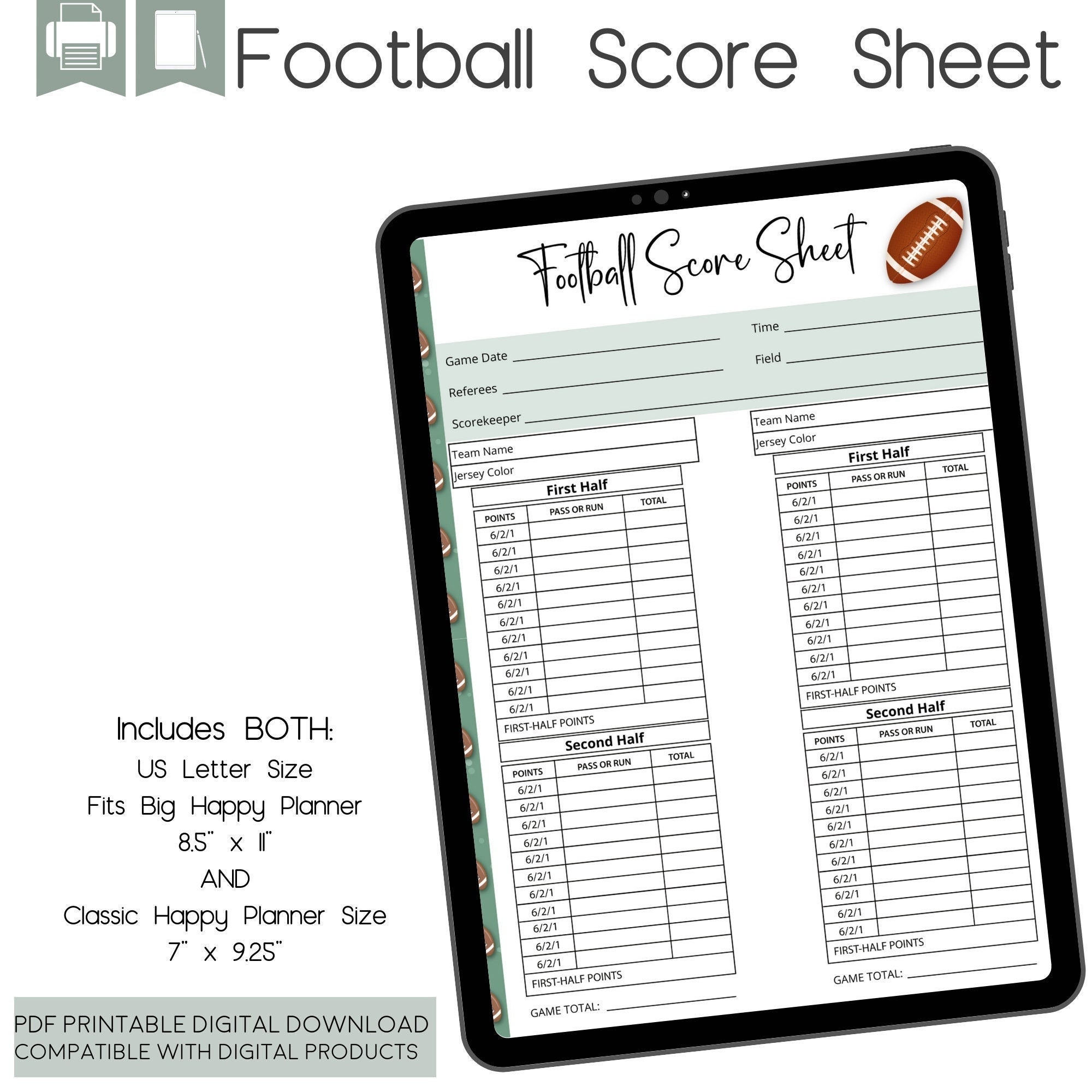 Football Score Card Football Scoresheet Etsy