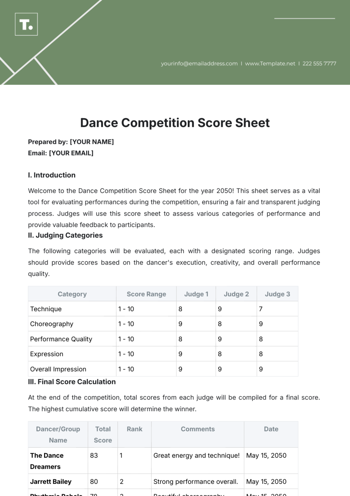 Free Dance Competition Score Sheet Template To Edit Online