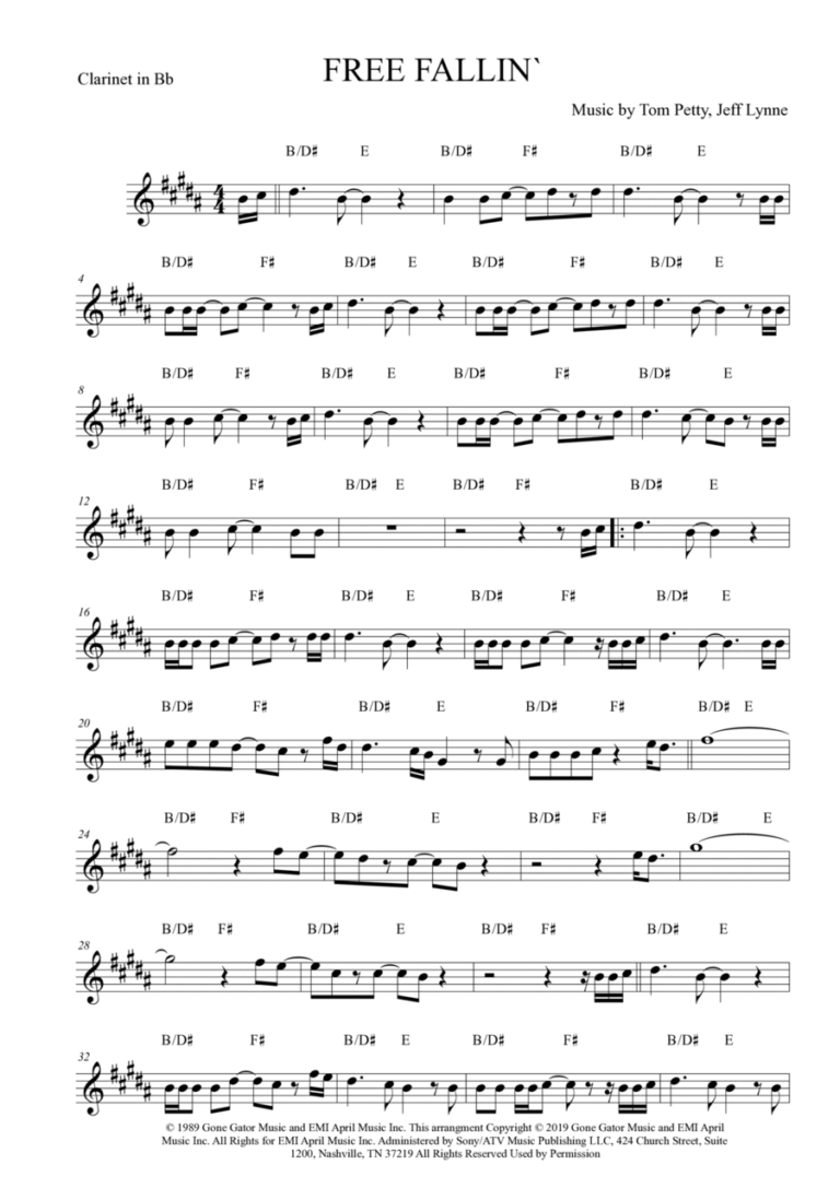 Free Fallin By John Mayer Clarinet Solo Digital Sheet Music Sheet Music Plus