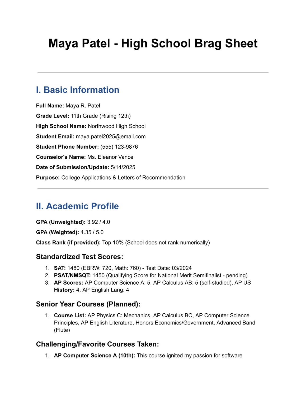 Free High School omprehensive Brag Sheet Google Docs Template