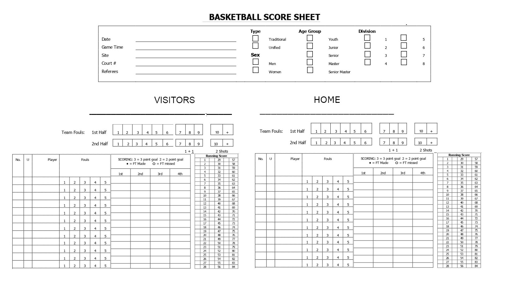 Junior Basketball Score Sheet