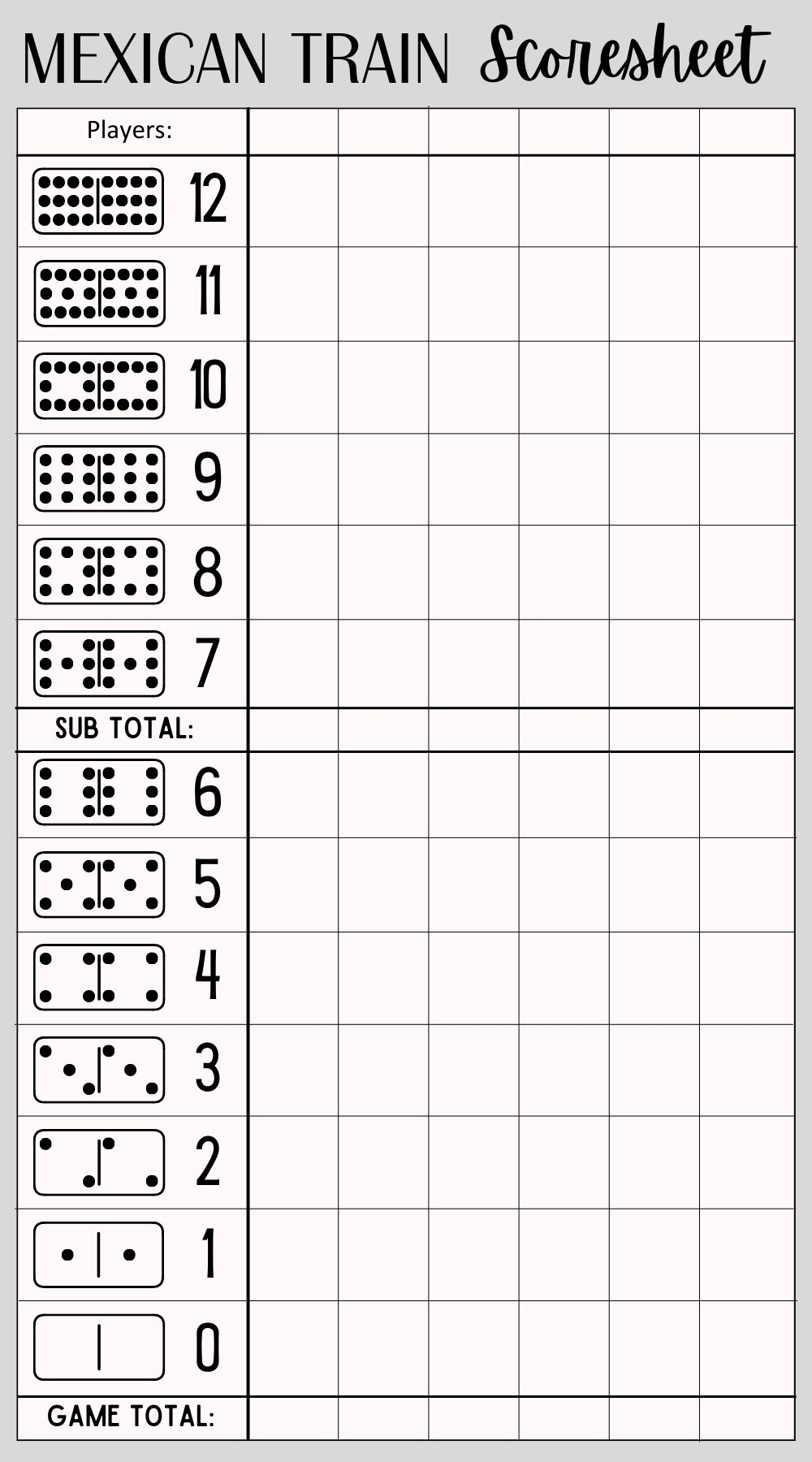 Free Printable Mexican Train Domino Scoresheet PDF Included Free Printable Mexican Train Domino Scoresheet PDF Included
