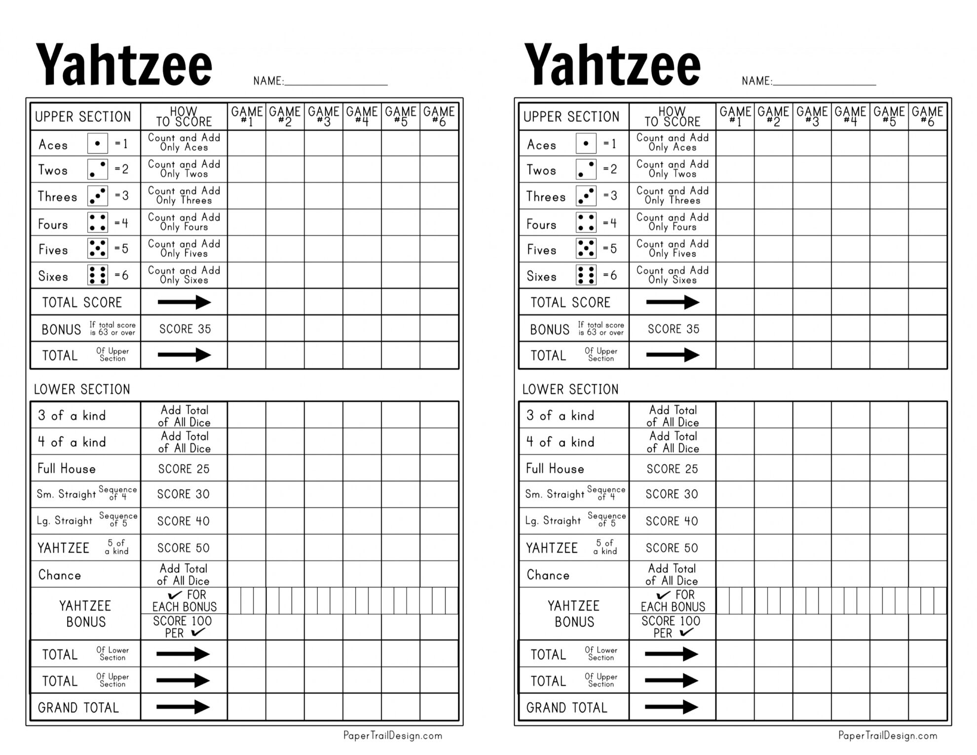 Free Download Yahtzee Score Sheet
