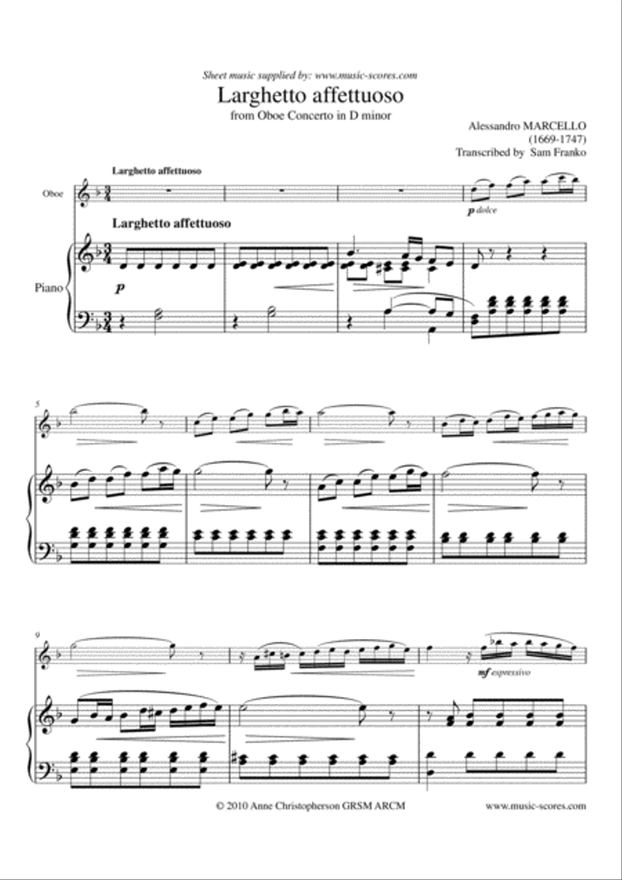 Free Sheet Music Alessandro Marcello OBOE Download PDF MP3 U0026 MIDI