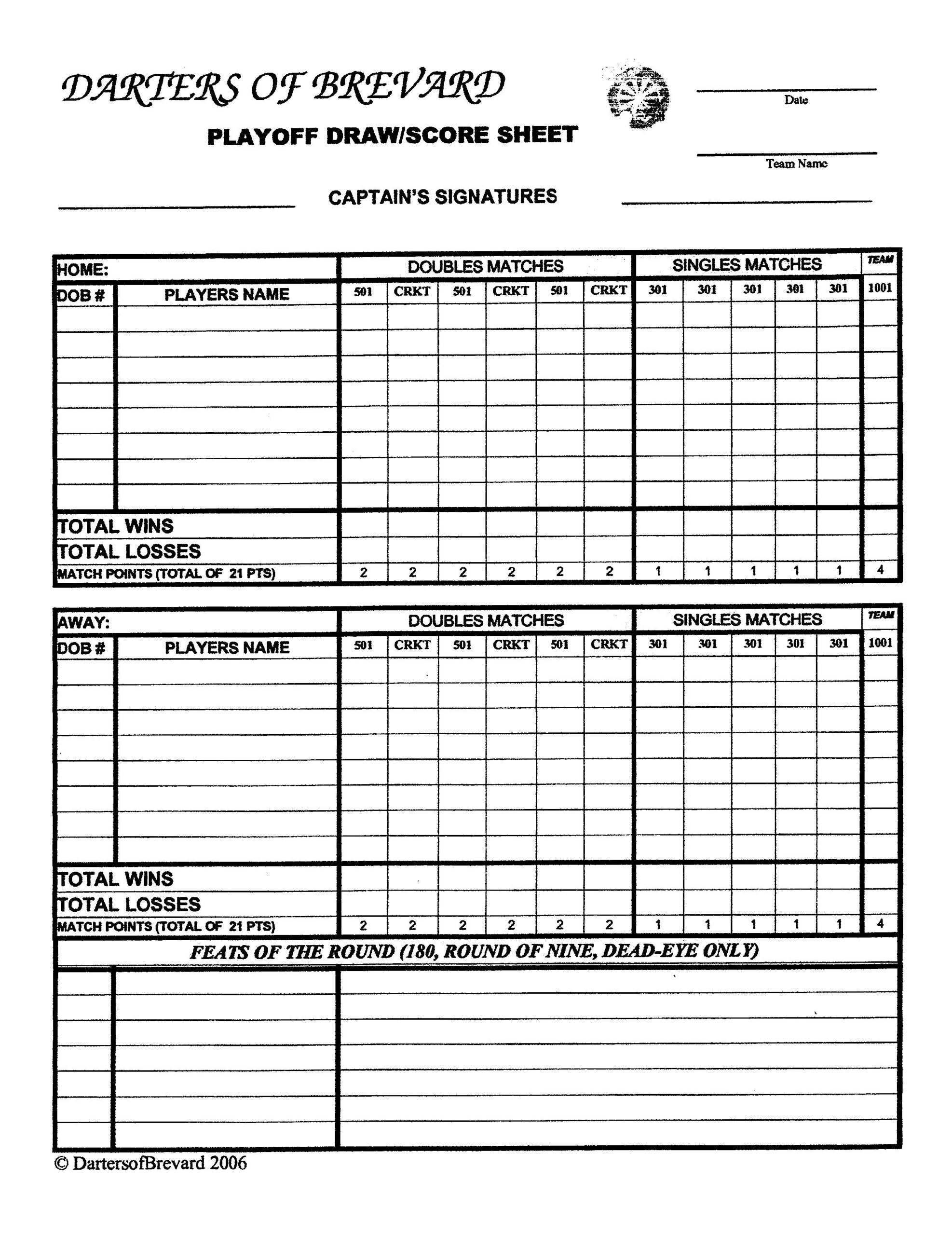 Dart 501 Printable Score Sheet