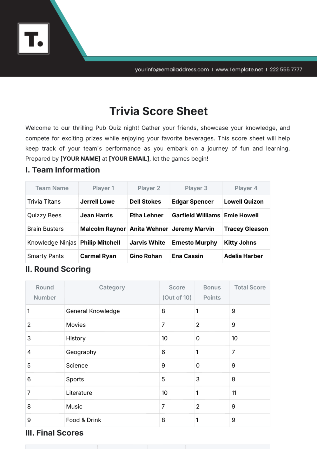 Trivia Score Sheet Printable