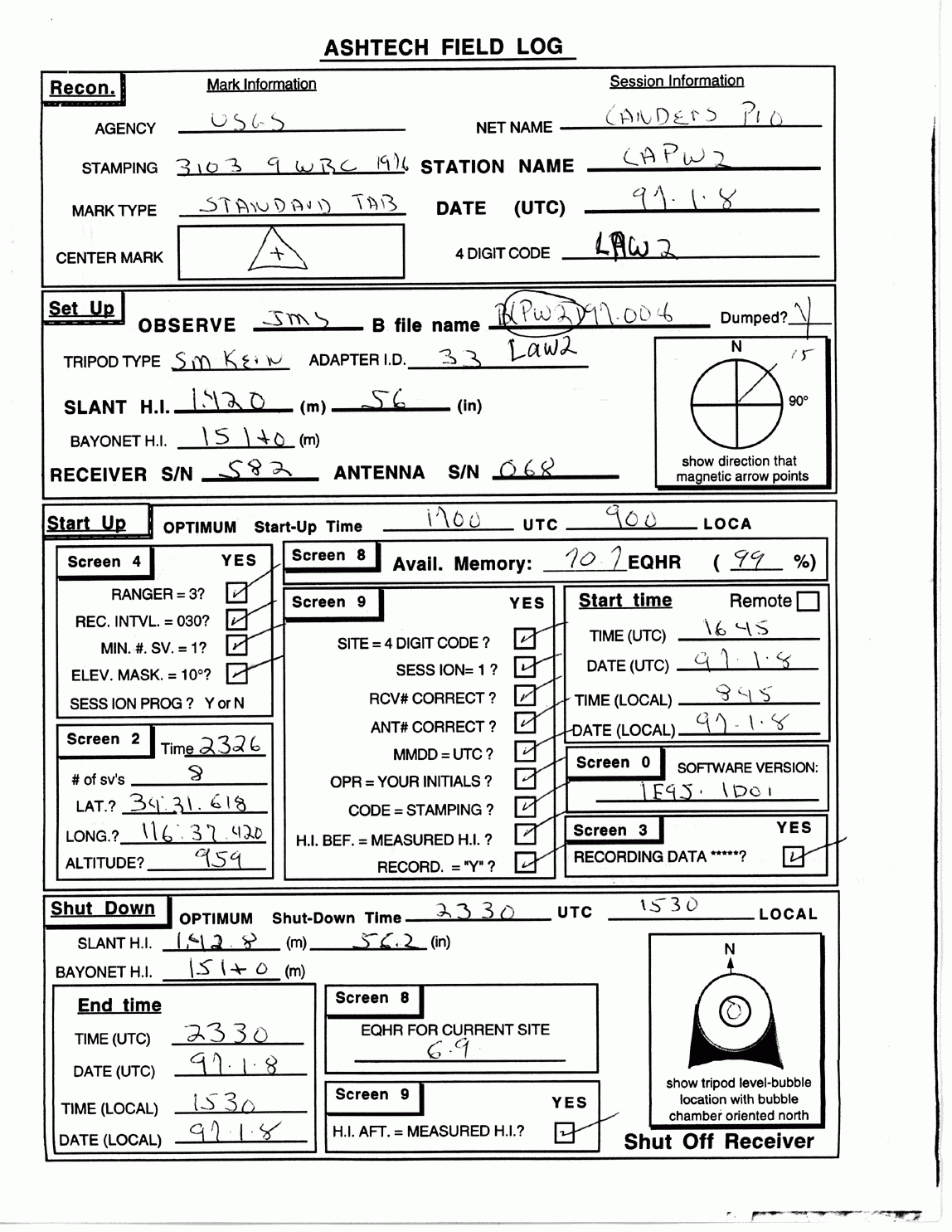 GPS Log Sheet Station LAW2 On 7010 05 08