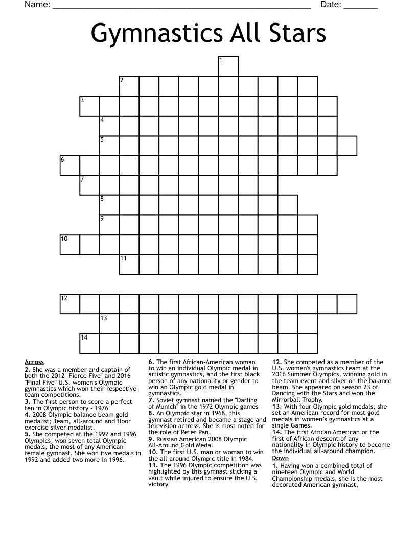Gymnastics All Stars Crossword WordMint