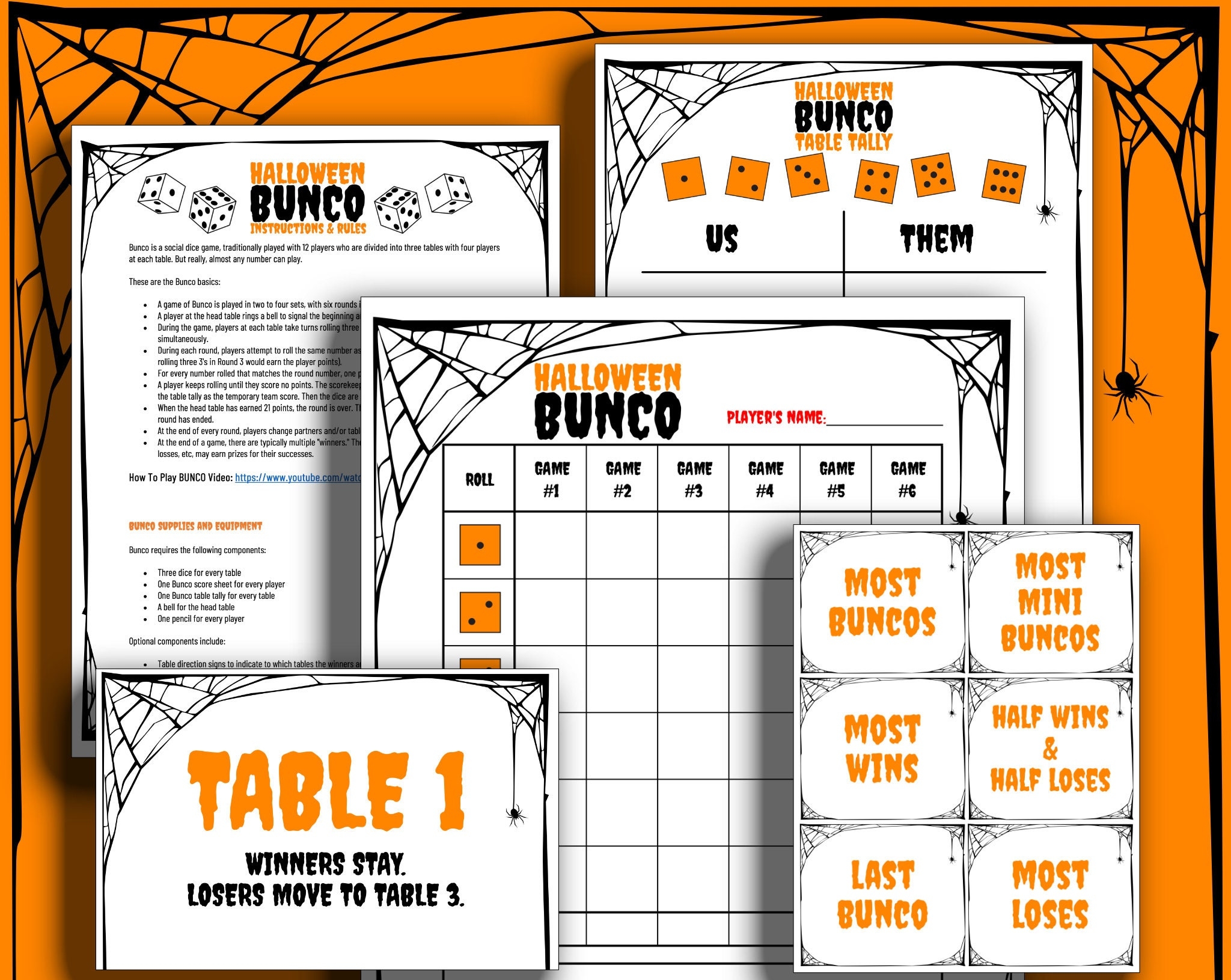 Halloween BUNCO Printable Bundle Score Cards Tally Sheets Table Cards Prize Categories Instructions rules Etsy