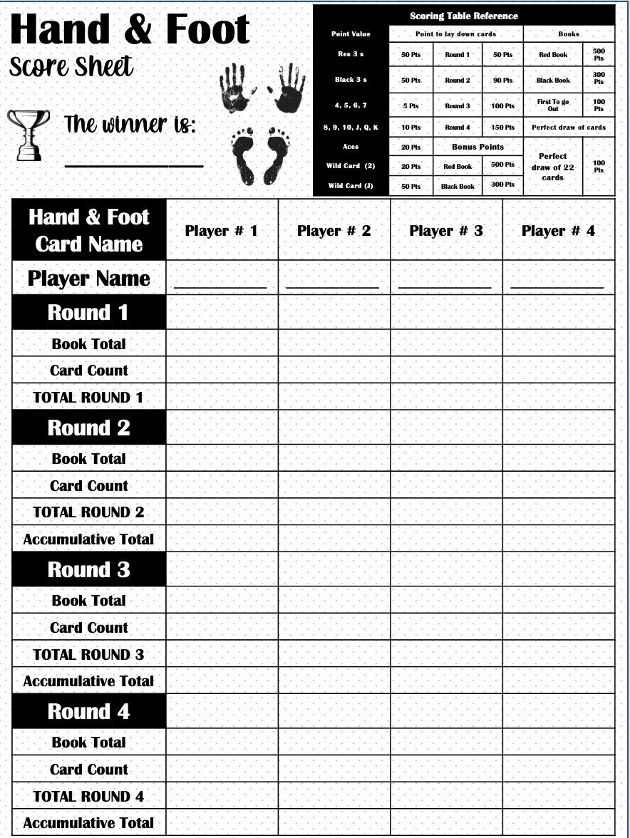 Hand And Foot Score Card Hand And Foot Scoresheet Hand And Foot Score Pads Printable File PDF Download 8 5x11 Hand And Foot Score Card Hand And Foot Scoresheet Hand And Foot Score Pads Printable File PDF Download 8 5x11