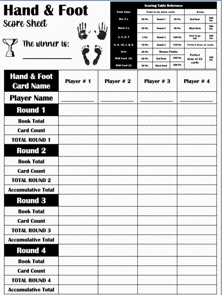 Hand And Foot Score Card Hand And Foot Scoresheet Hand And Foot Score Pads Printable File PDF Download 8 5x11