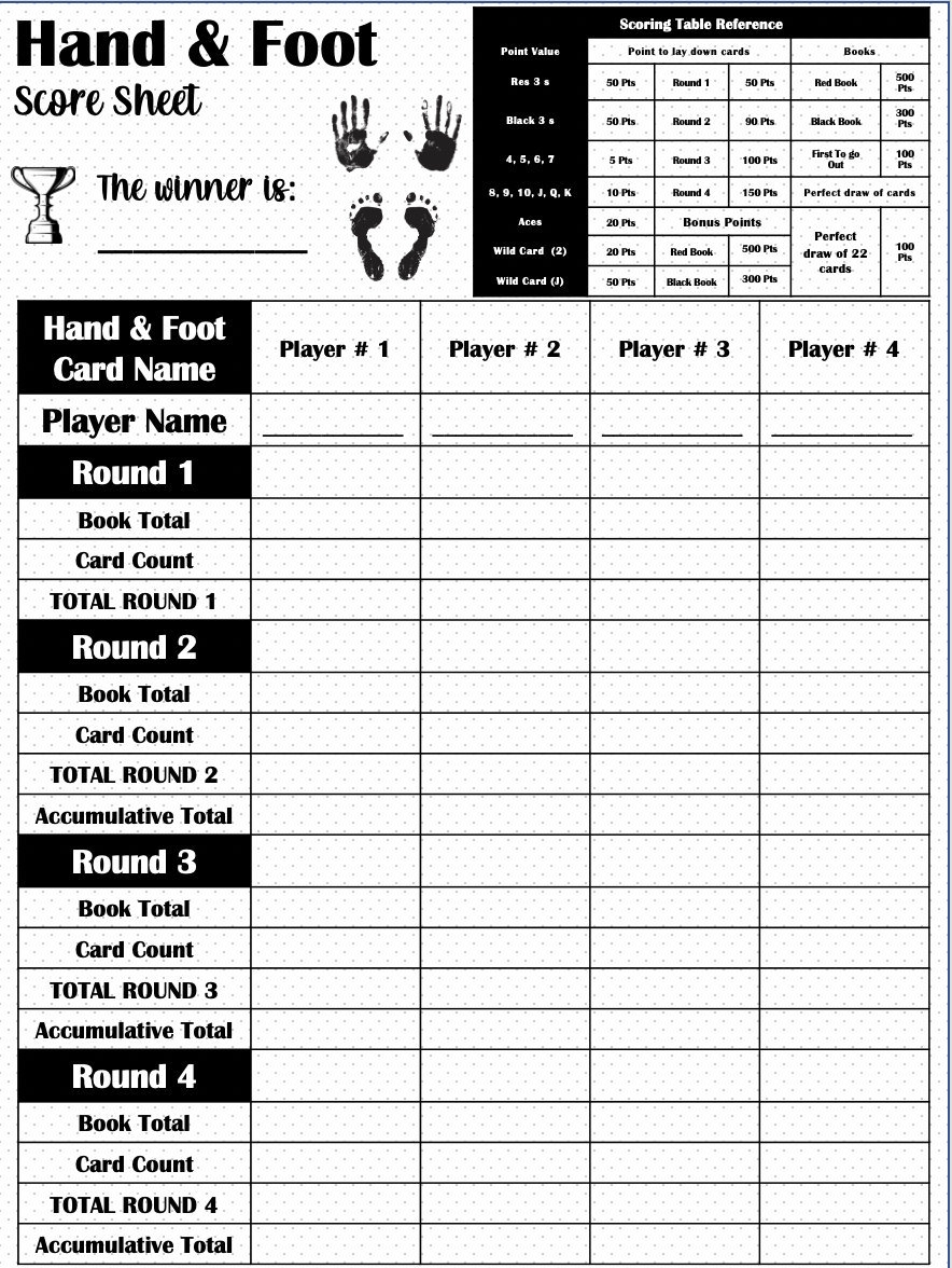 Hand And Foot Score Card Hand And Foot Scoresheet Hand And Foot Score Pads Printable File PDF Download 8 5x11 Etsy UK