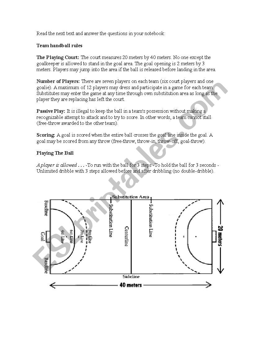 Handball Rules ESL Worksheet By Dvergar248