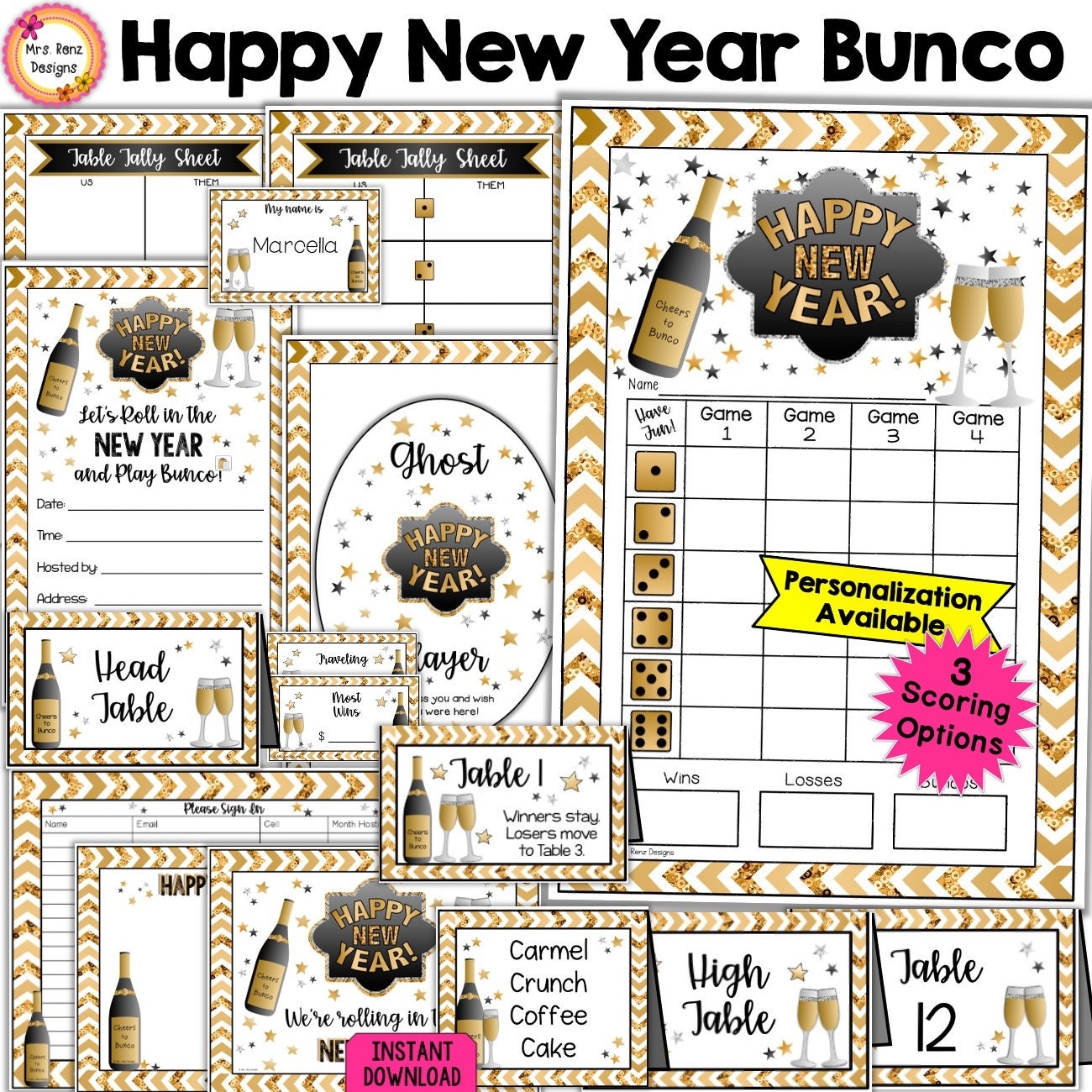 Happy New Year Bunco BUNDLE 27pgs January Bunco Score Cards Table Tally Sheets Party Invitations Moving Directions Table Number Tents MORE Etsy