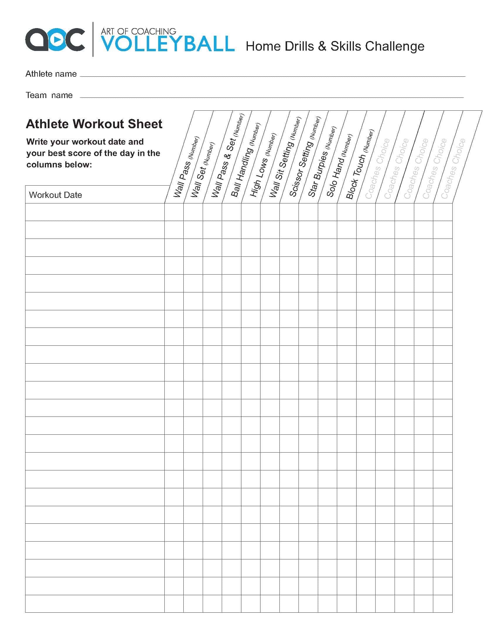 Home Drills U0026 Skills Challenge Sheet Athlete The Art Of Coaching Volleyball