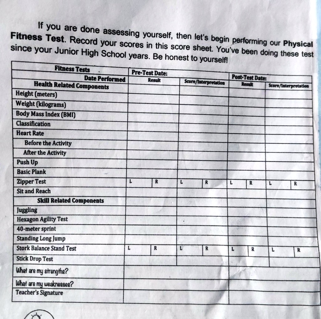 Fitness Testing Score Sheet
