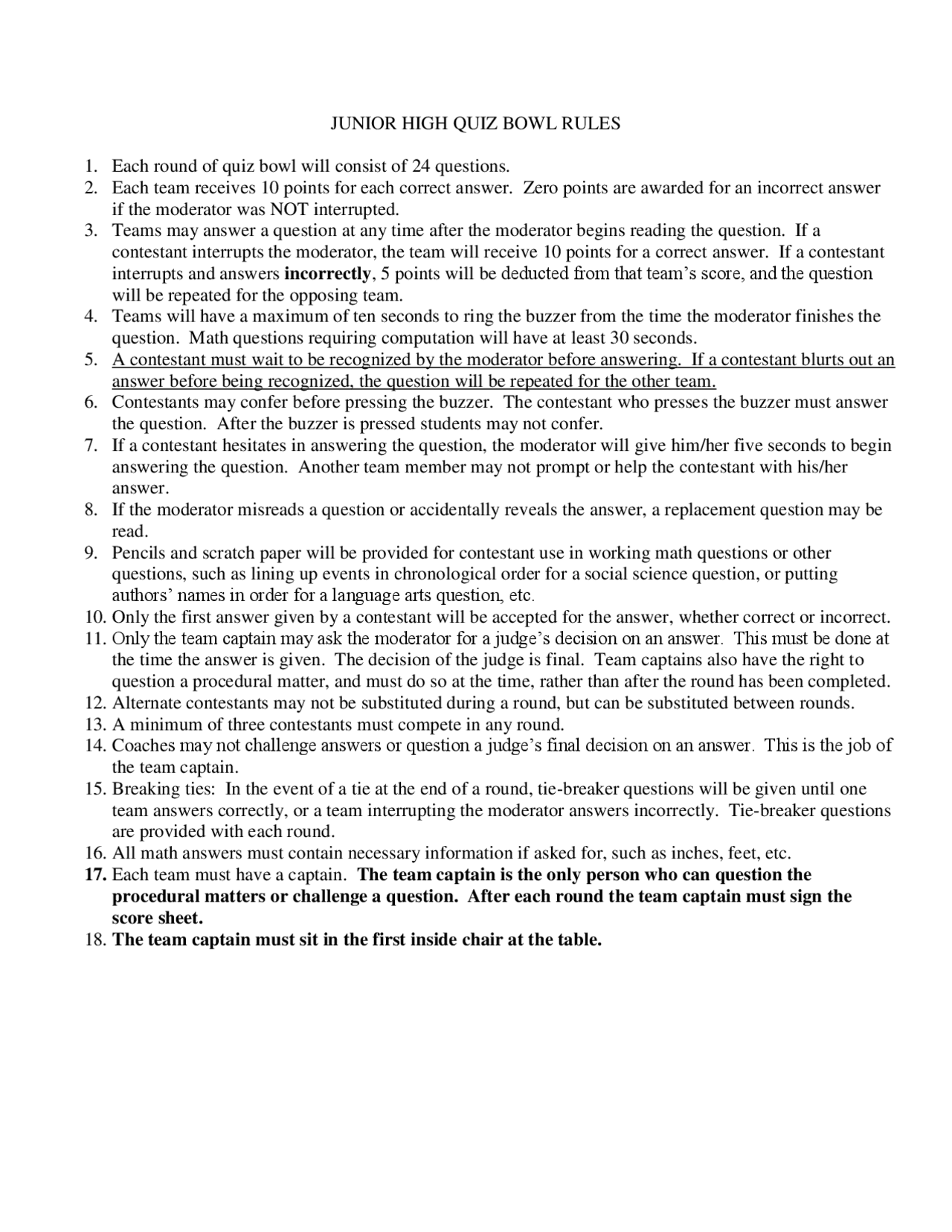 JUNIOR HIGH QUIZ BOWL RULES Study Guides Projects Research 