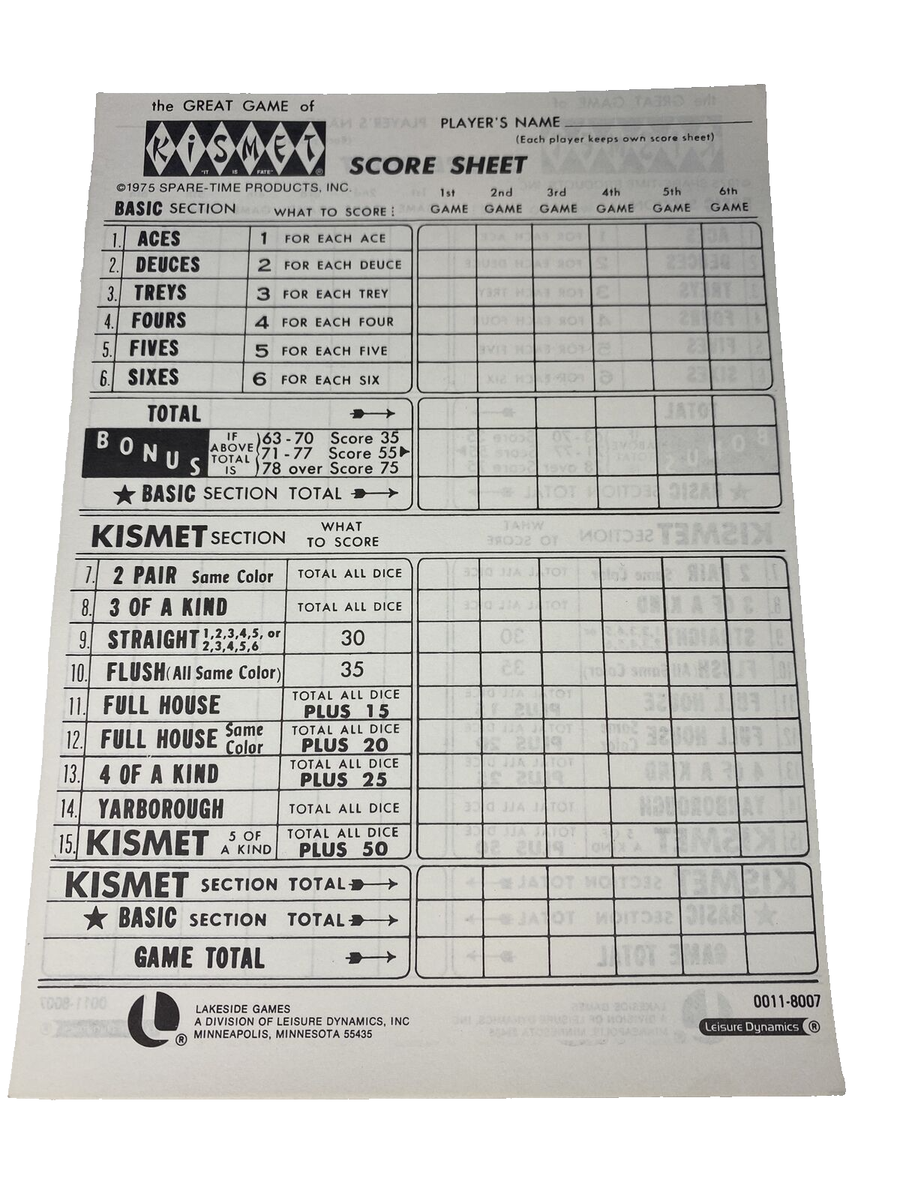 Kismet Dice Game Score Sheet Printable