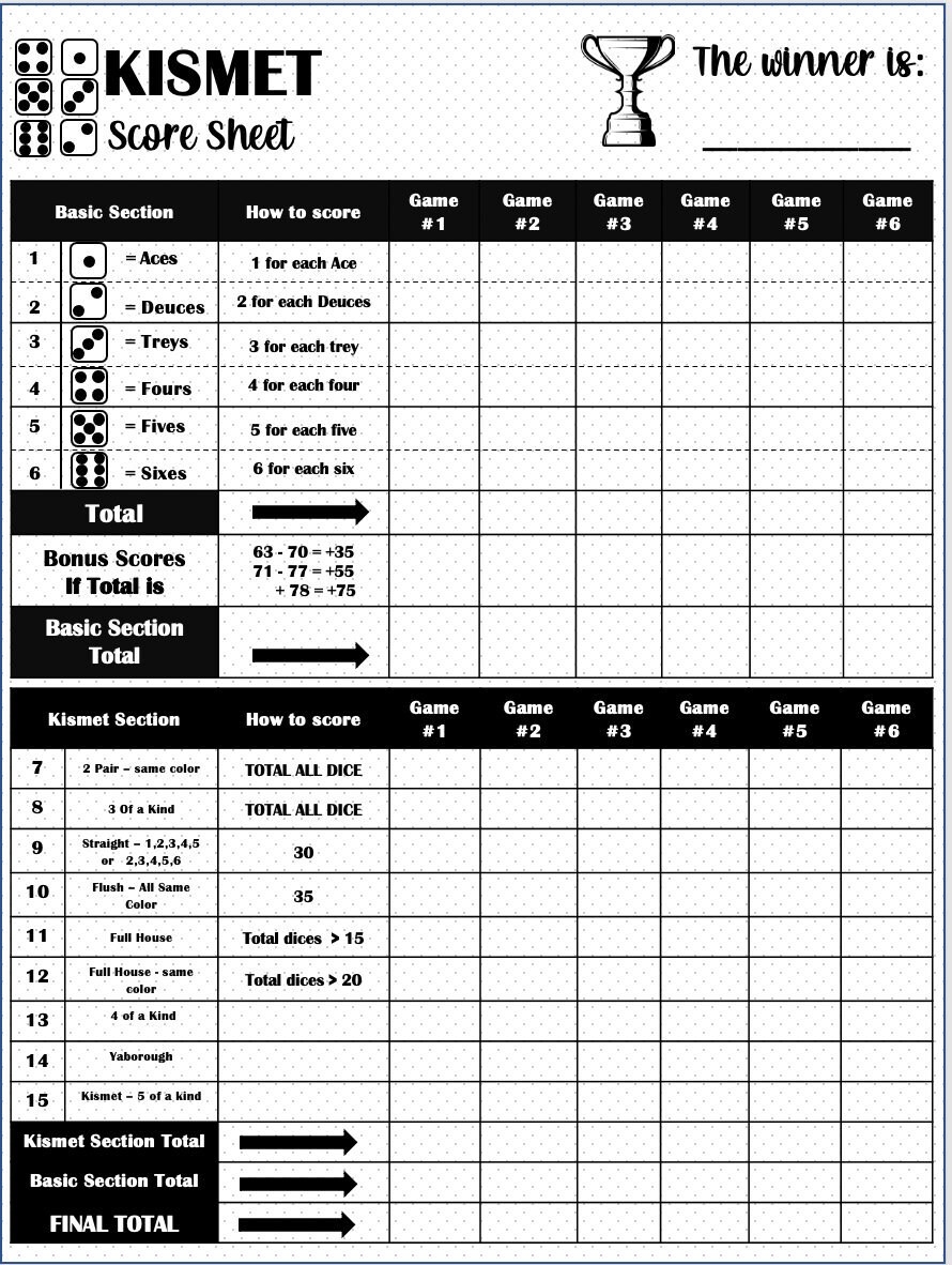 Kismet Score Card Kismet Scoresheet Kismet Score Pads Printable File PDF Download 8 5x11