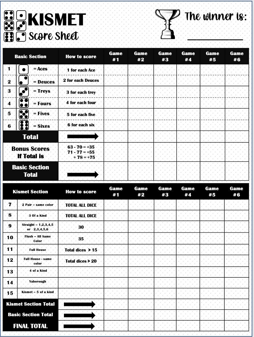 Kismet Score Card Kismet Scoresheet Kismet Score Pads Printable File PDF Download 8 5x11 Etsy UK
