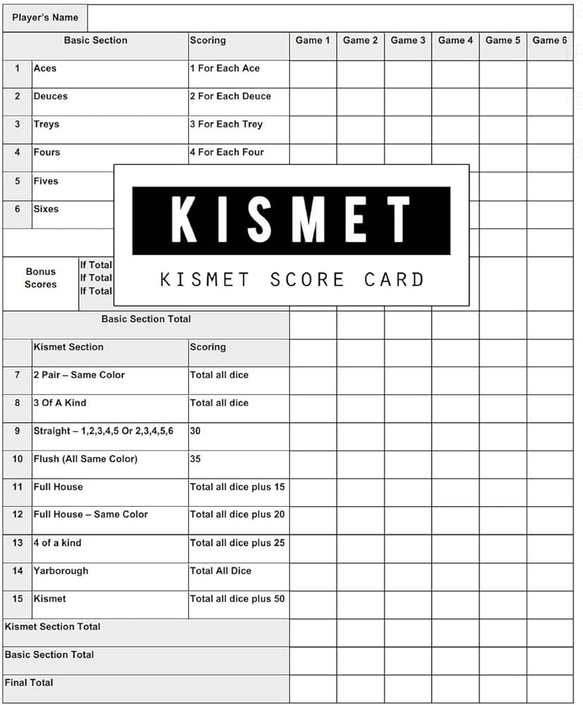 Kismet Score Card Kismet Scoring Game Record Level Keeper Book Kismet Score Score Pad Makes It Easy Scores For The Game Kismet Size 8 5 X 11 Inch 