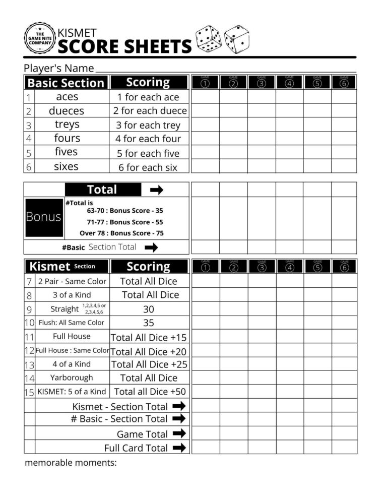 Kismet Score Sheets Printable PDF Kismet Score Cards Kismet Score Pads 8 5 X 11 Print