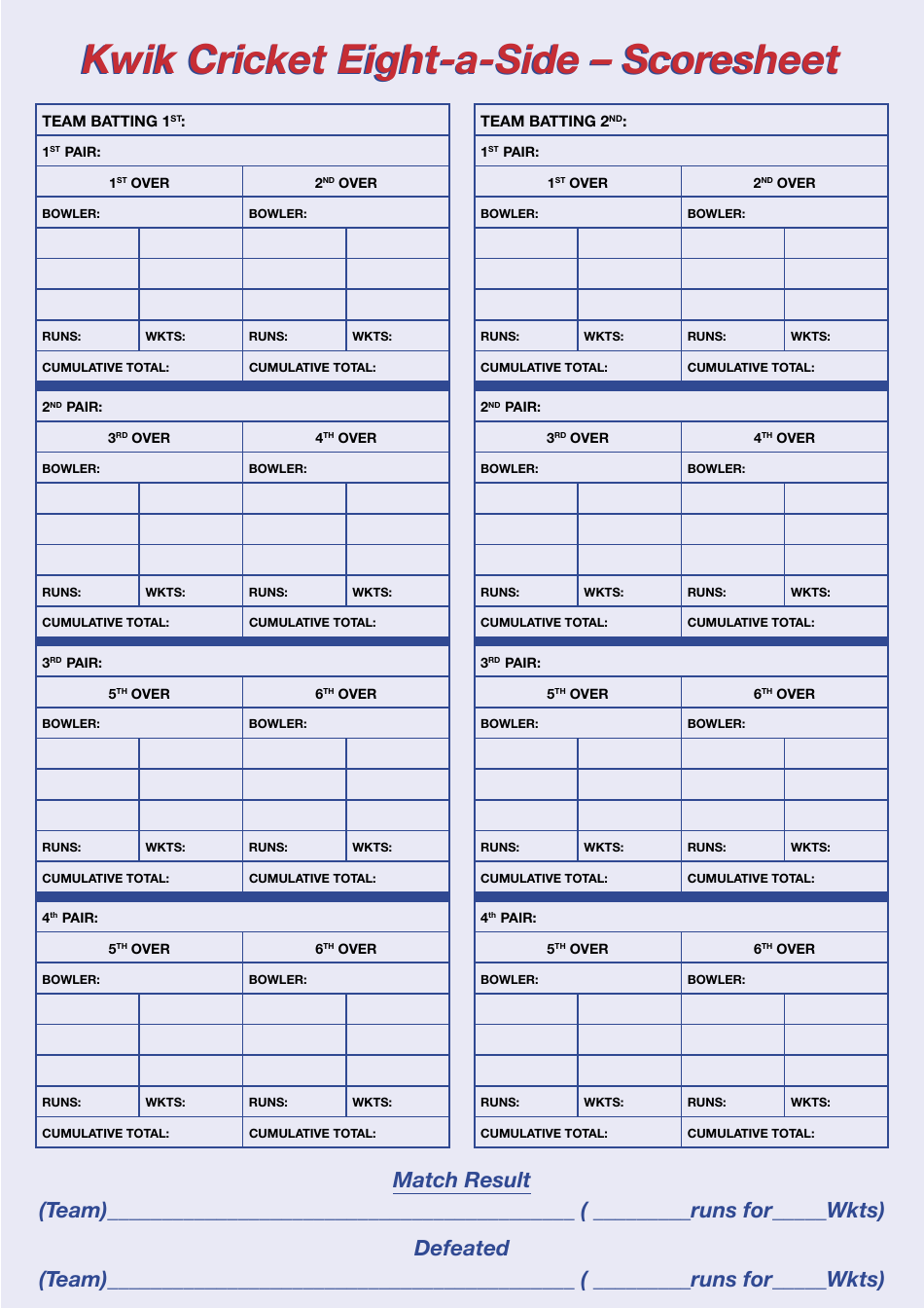 Kwik Cricket Eight A side Scoresheet Template Download Printable PDF Templateroller Kwik Cricket Eight A side Scoresheet Template Download Printable PDF Templateroller