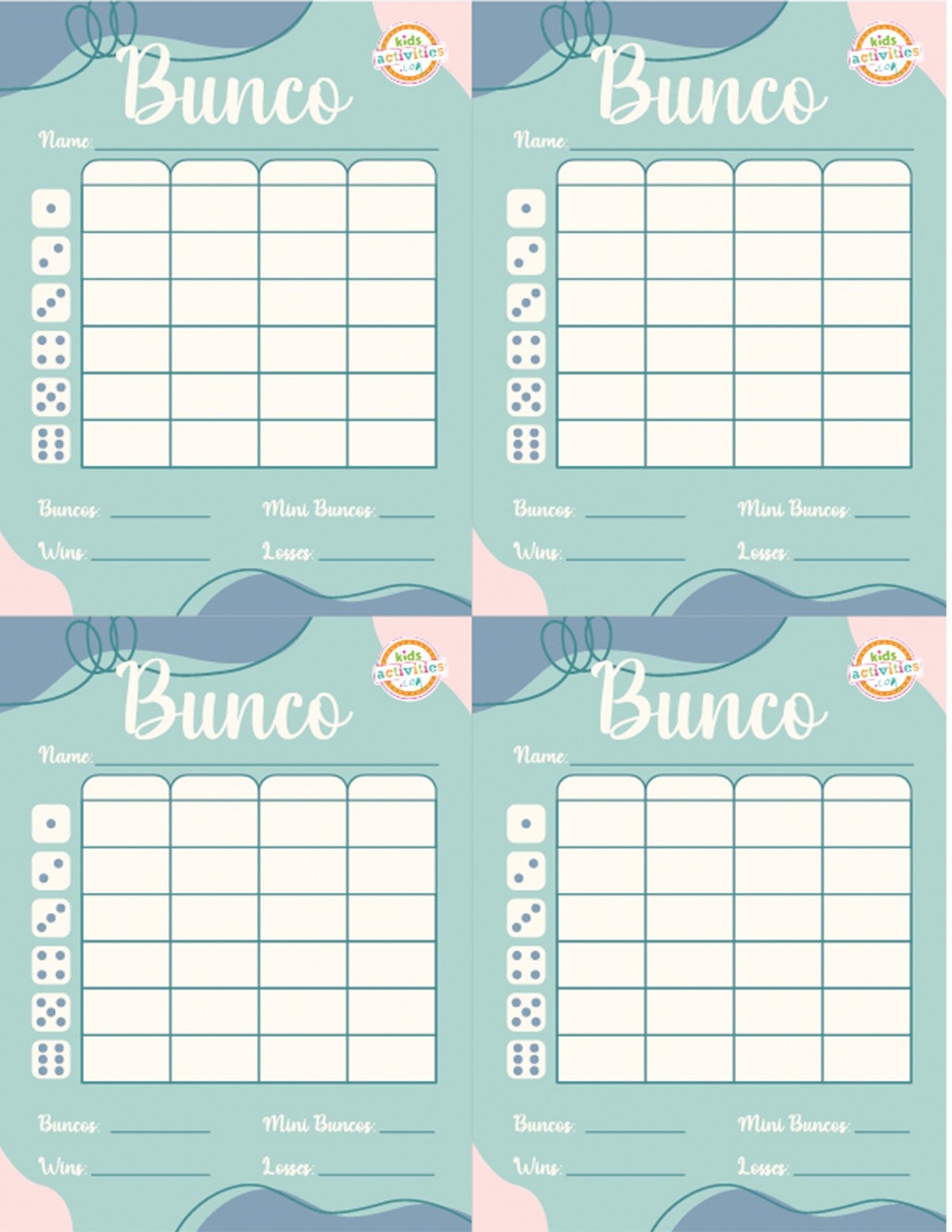 Cute Bunco Score Sheets Printable