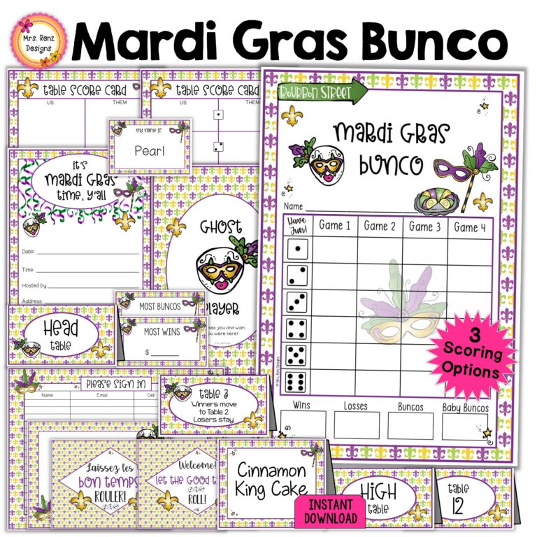 Mardi Gras Bunco Bundle Mardi Gras Bunco Scorecards Tally Sheets Table Numbers Invitations Ghost Food Cards Prize Tags Welcome Signs Nametag Etsy