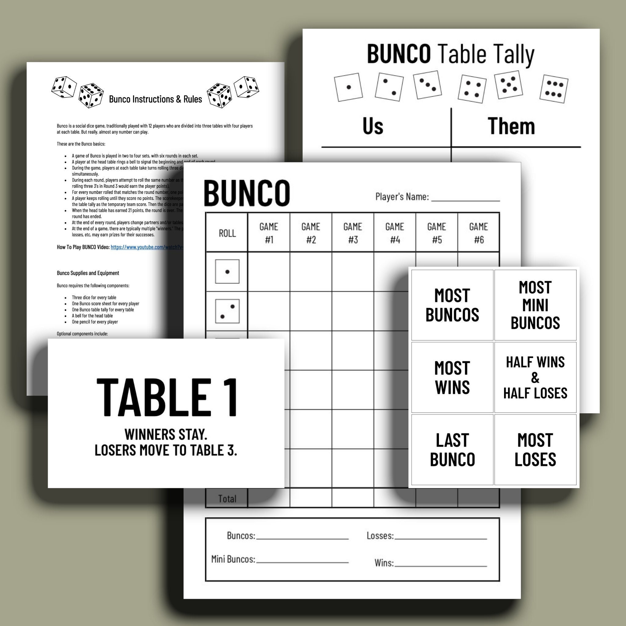 Minimalist BUNCO Printable Bundle Score Cards Tally Sheets Table Cards Prize Categories Instructions rules Etsy
