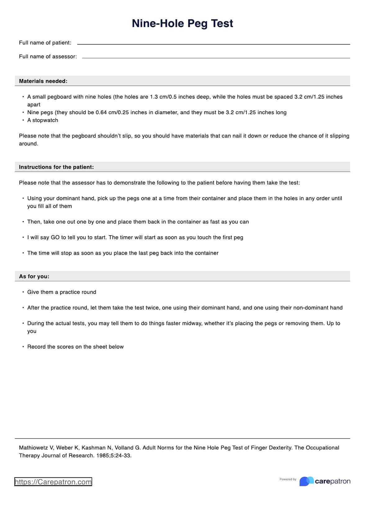 Nine Hole Peg Test U0026 Example Free PDF Download