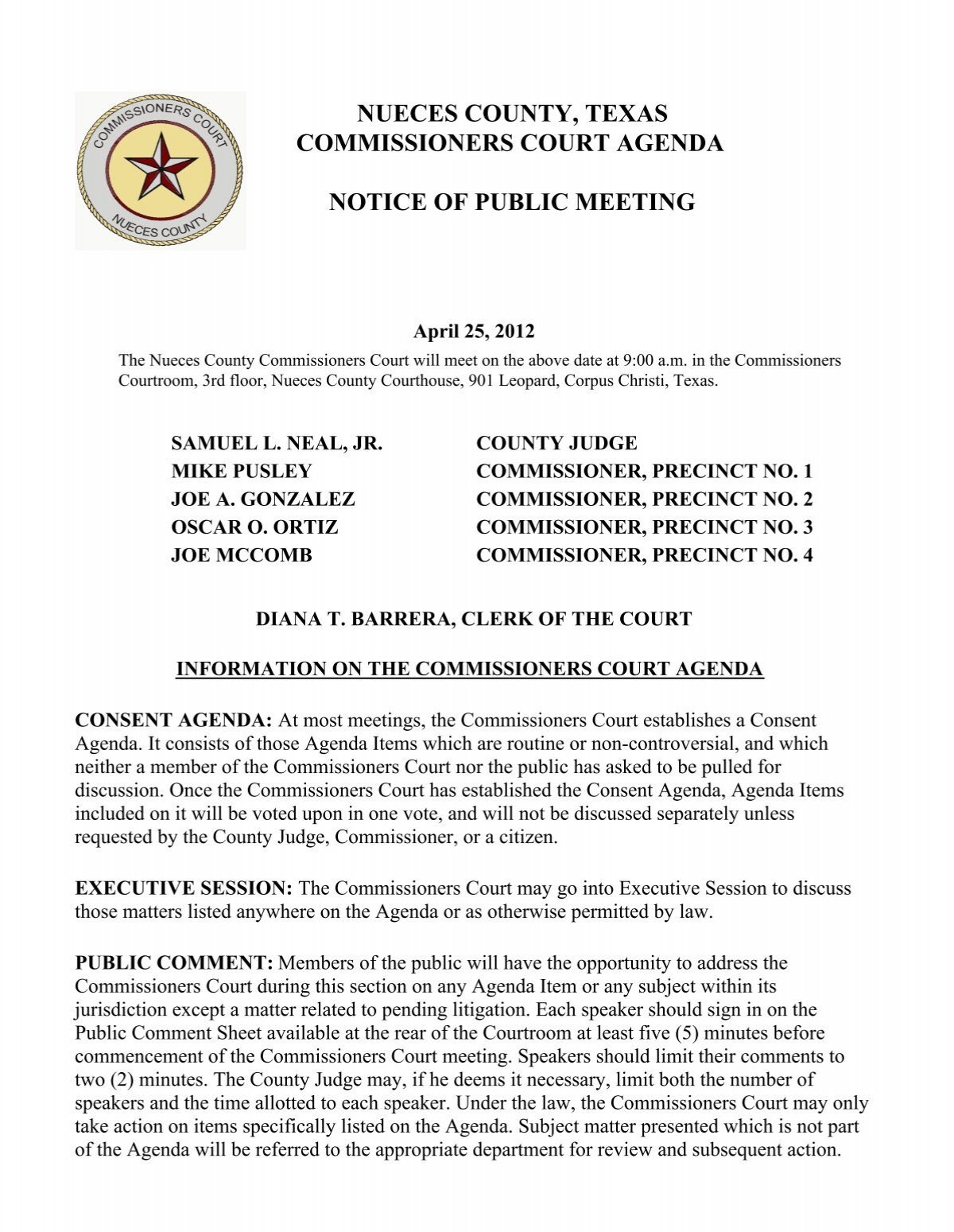 Nueces County Texas Commissioners Court Agenda Notice Of Public 