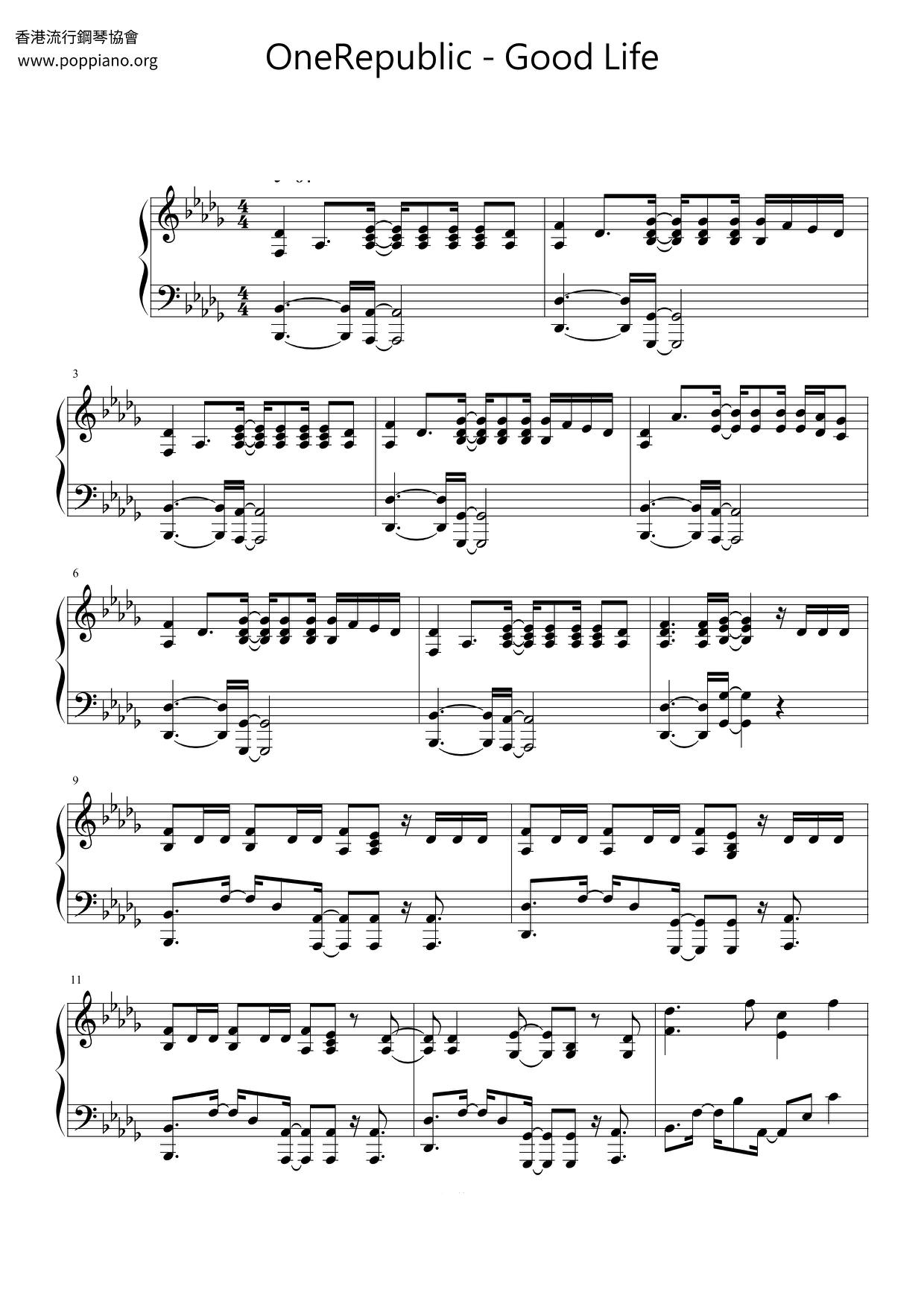  OneRepublic Good Life Sheet Music Pdf Free Score Download 