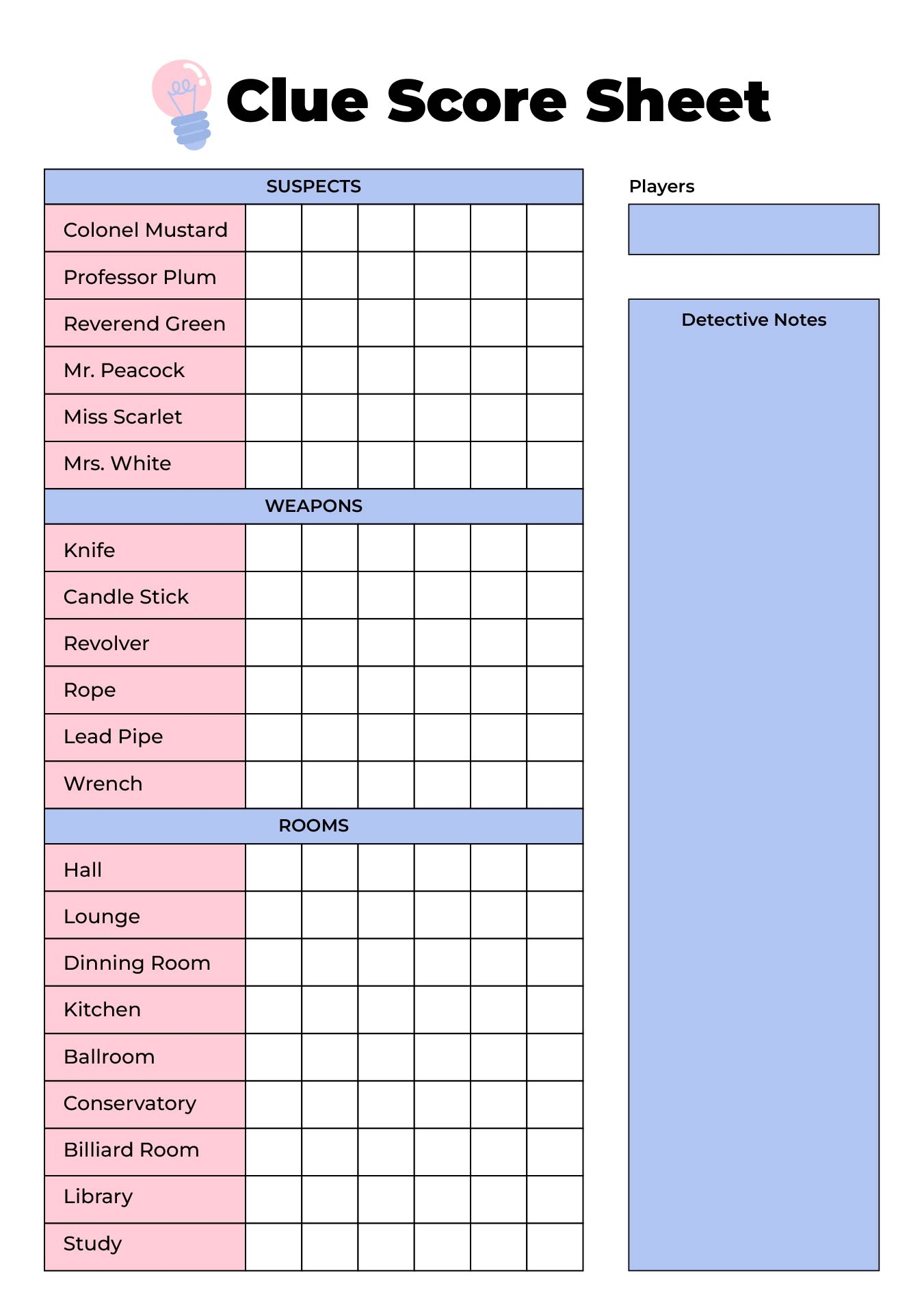 Cluedo Score Sheets Printable Cluedo Score Sheets Printable