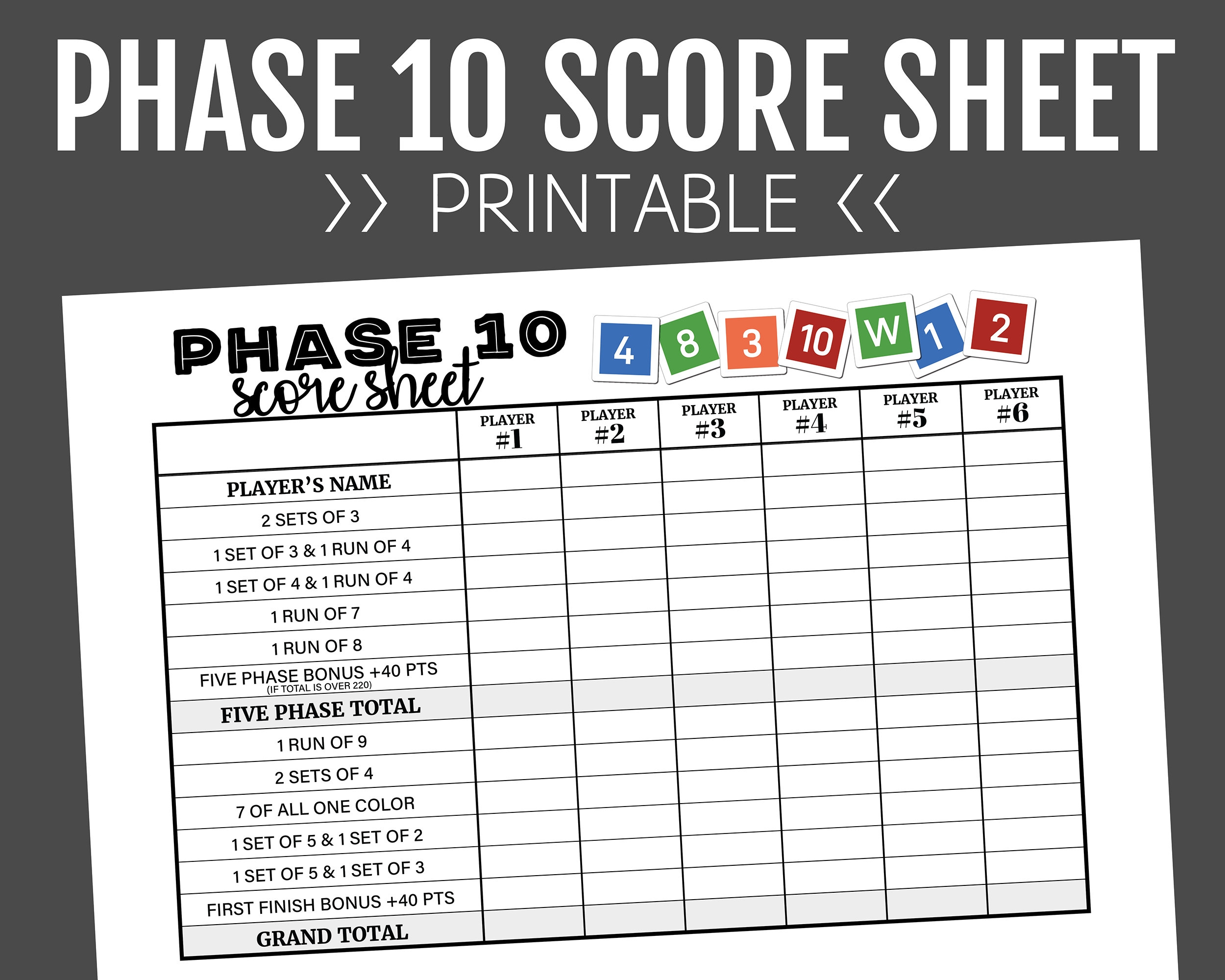 Phase 10 Score Sheet Printable Score Sheet Digital Instant 