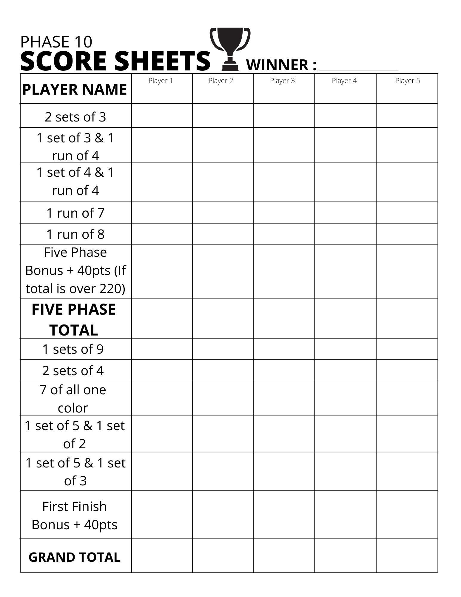 Phase 10 Scoreboard Score Sheet Printable PDF