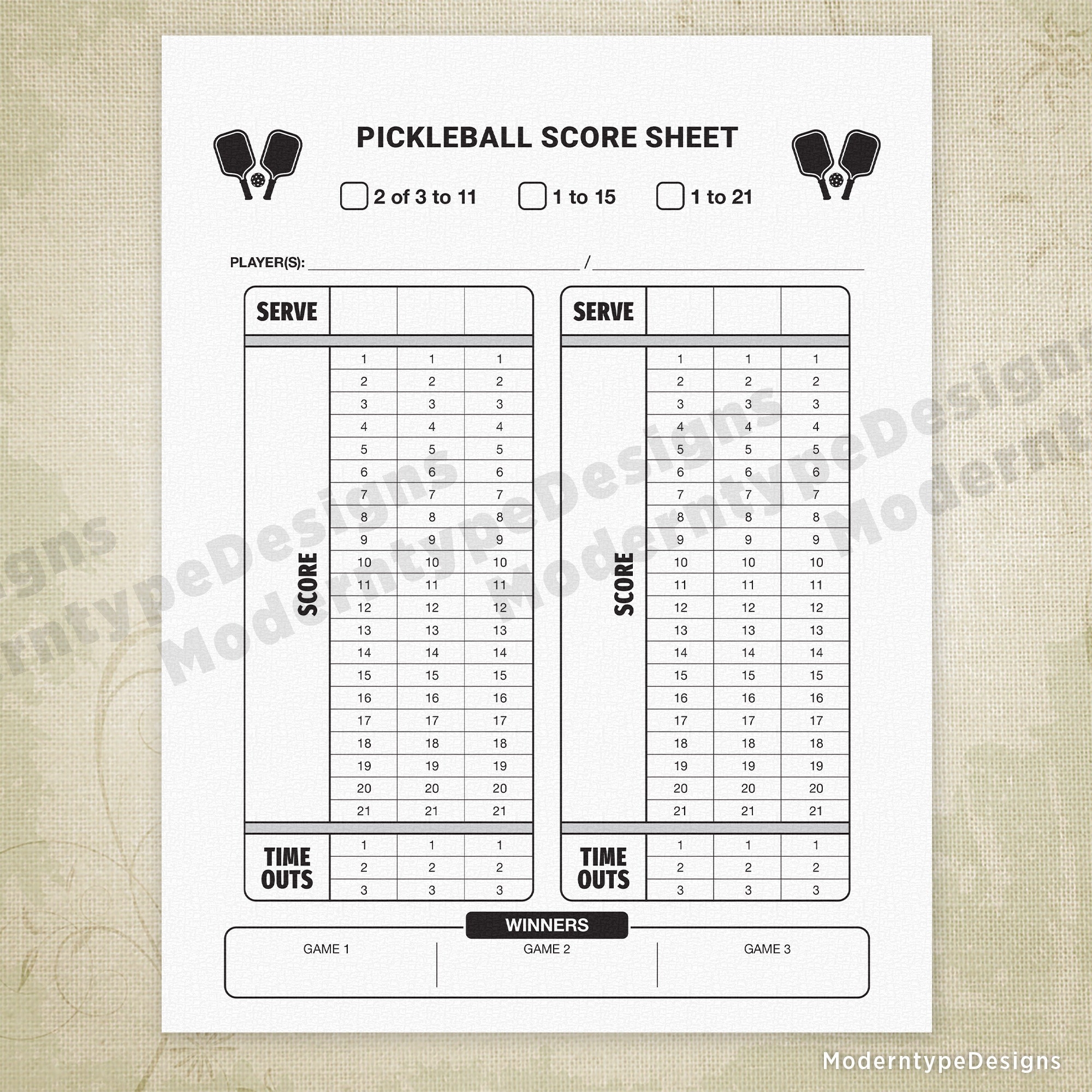Pickleball Score Sheet Printable Form PDF Pickle Ball Court 