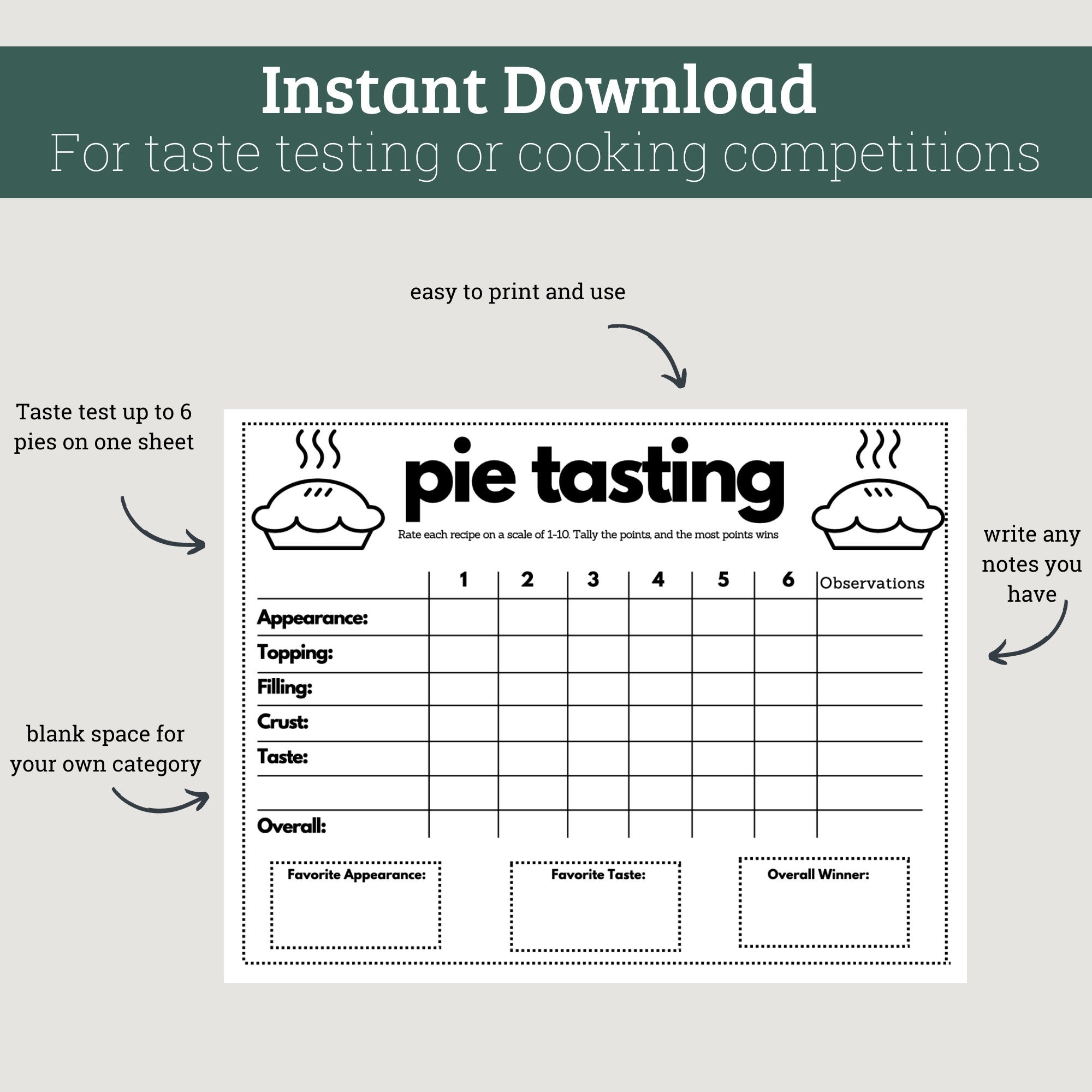 Pie Taste Testing Sheet For Pie Competitions Baking Competitions Or Pie Parties Etsy