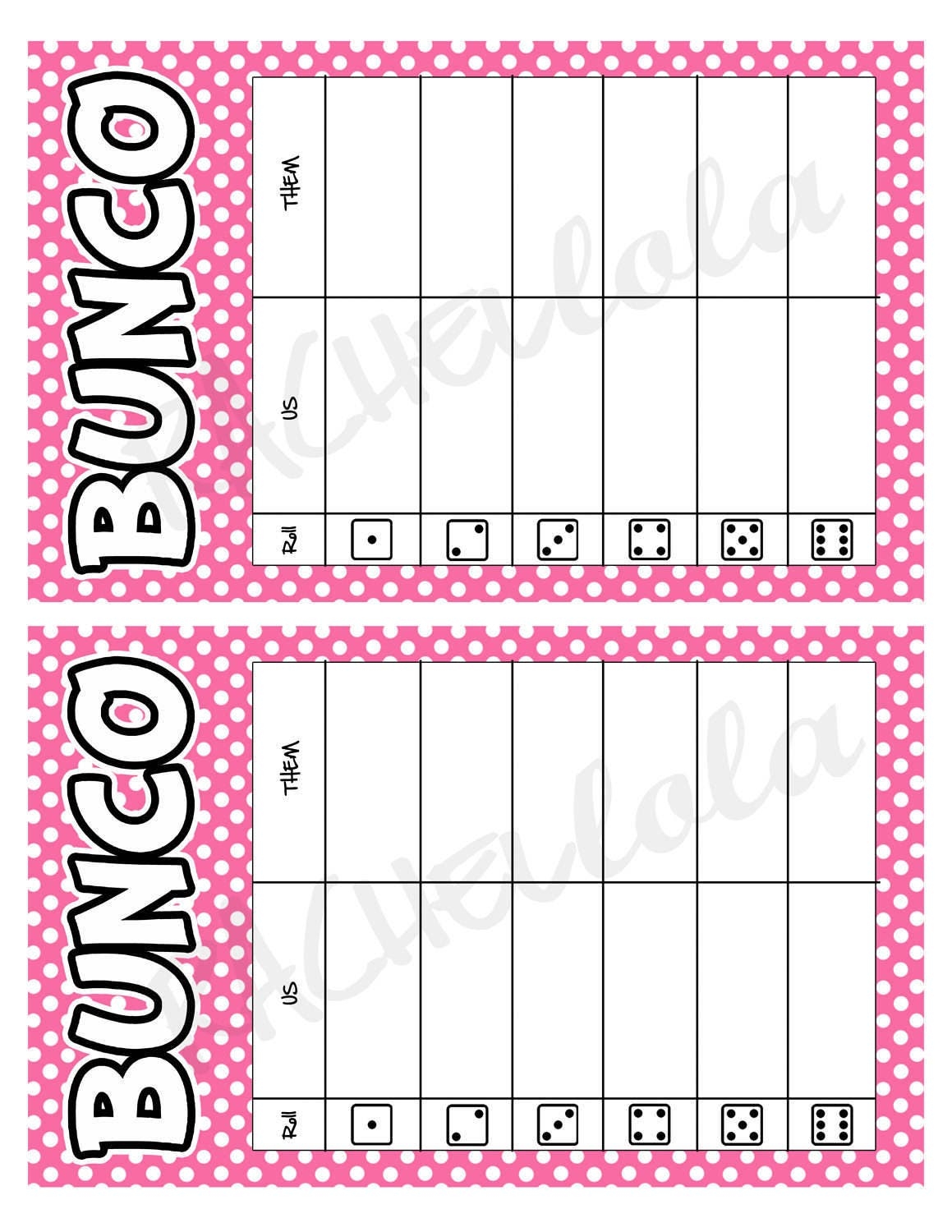 Pink Polka Dot Bunco Table Tally Sheets Us Them Tally Cards Score Note Card Bunko Game Night Instant Digital Download Printable Template