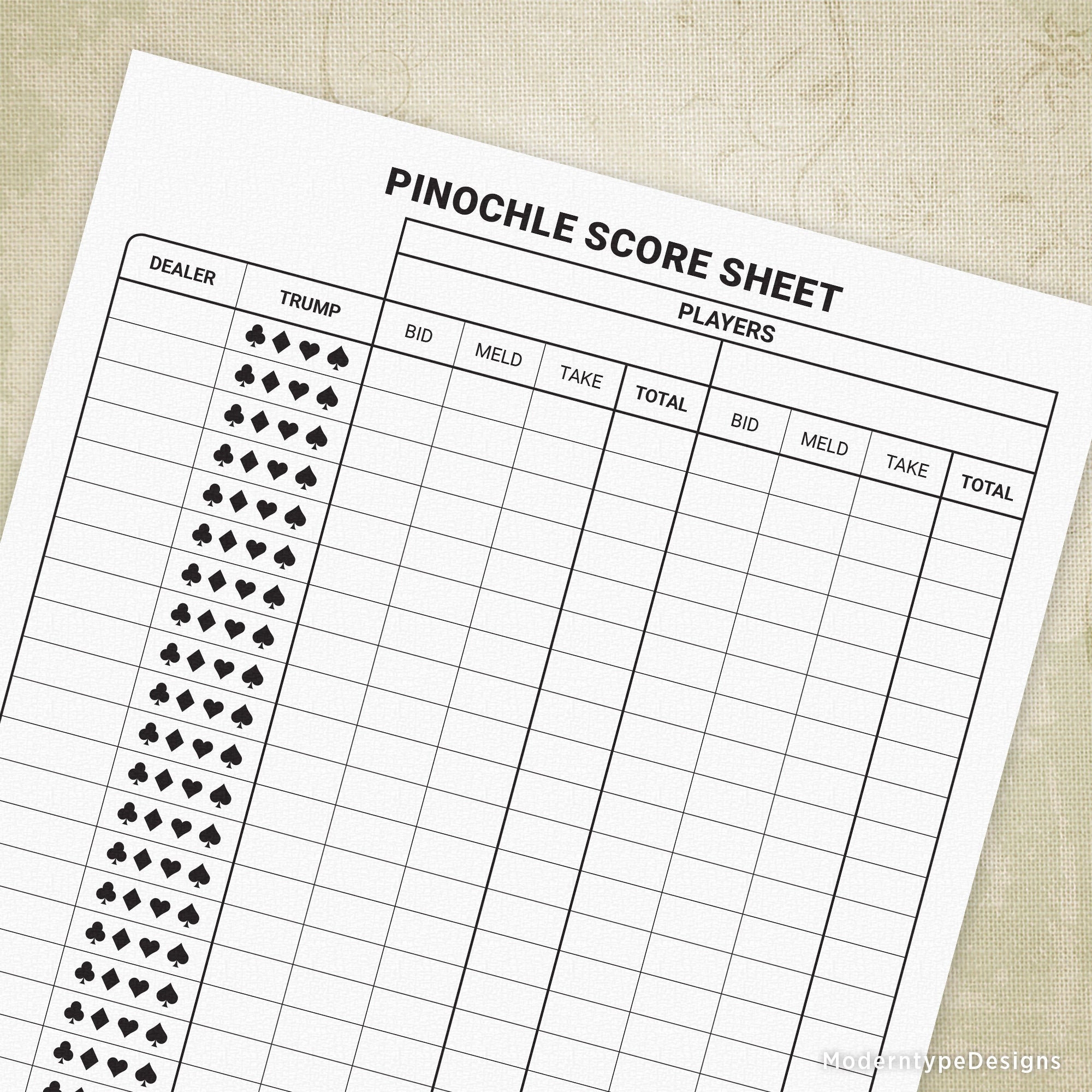 Pinochle Game Score Sheets Printable Digital Download Chart Gam009 Etsy
