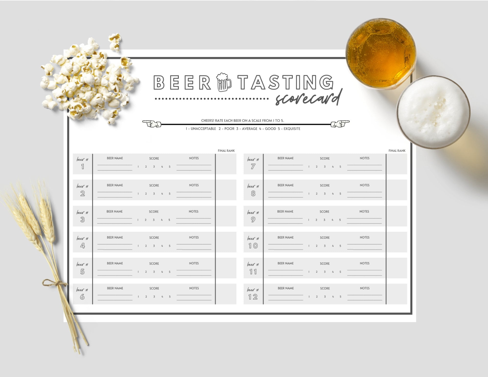 PRINTABLE 12 Beer Tasting Scorecard Score Sheet PRINTABLE 12 Beer Tasting Scorecard Score Sheet