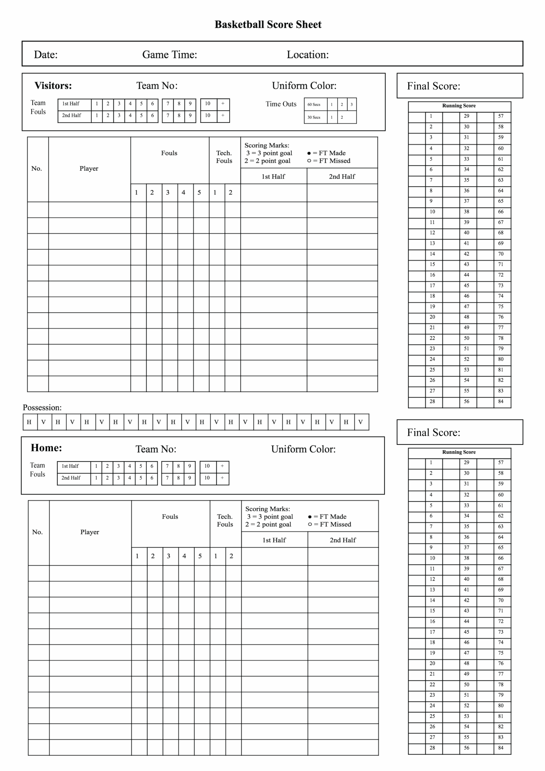 Printable Basketball Scoresheet To Track Stats Like Points Printable Basketball Scoresheet To Track Stats Like Points