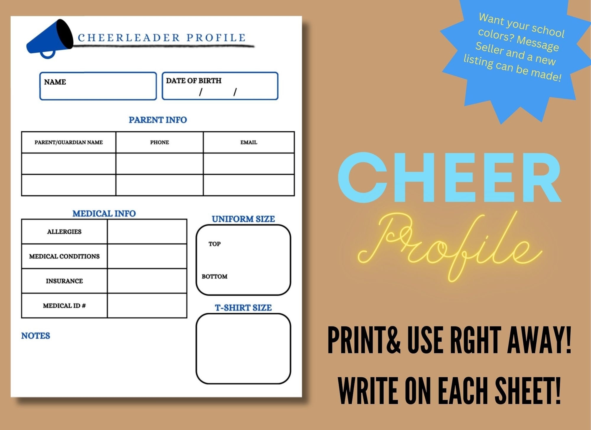 Printable Cheerleader Profile information Sheet Instant Download For Coach Team Captain Team Mom Cheer Squad sports Information Binder Etsy