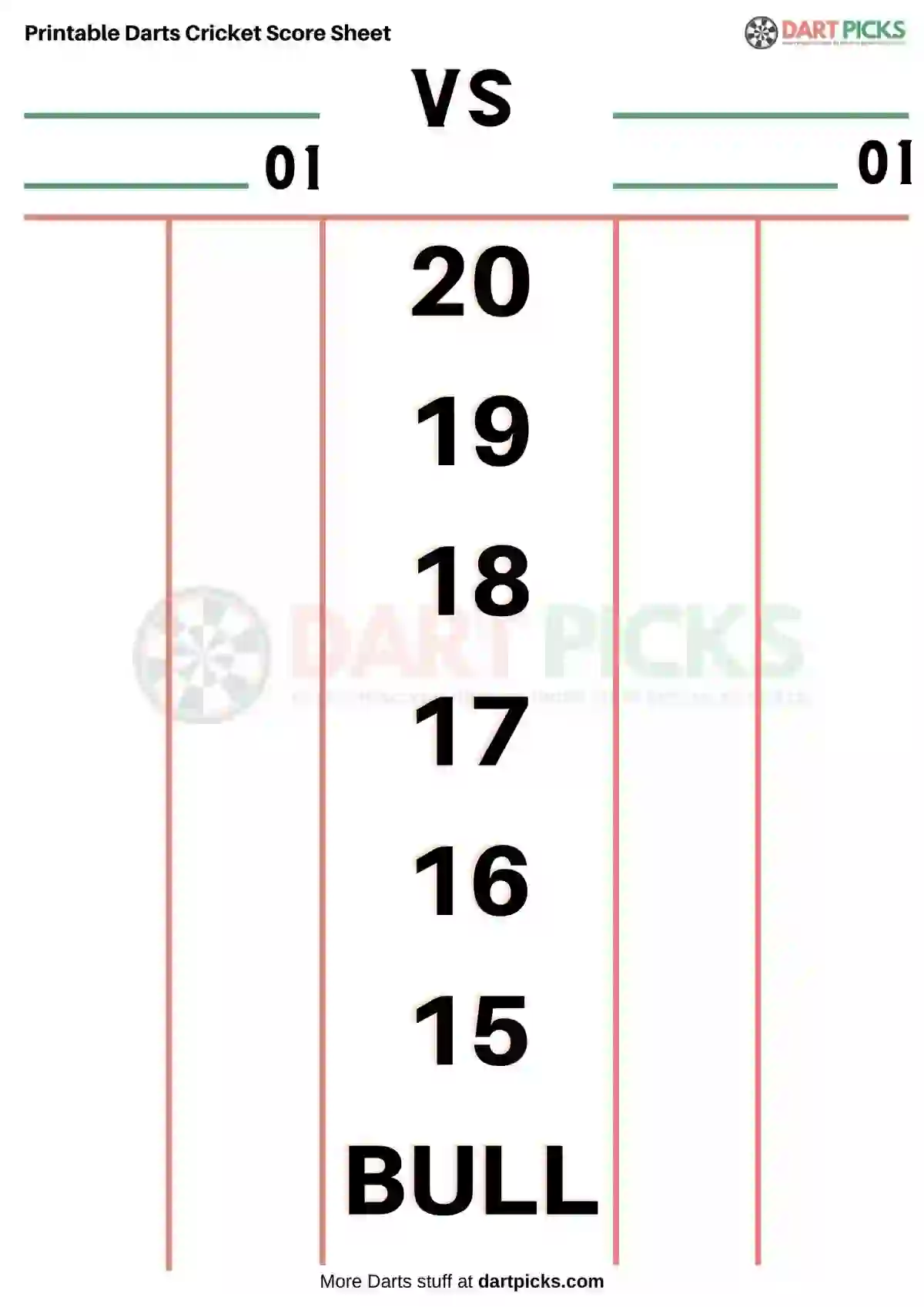 Printable Cricket Darts Score Sheet