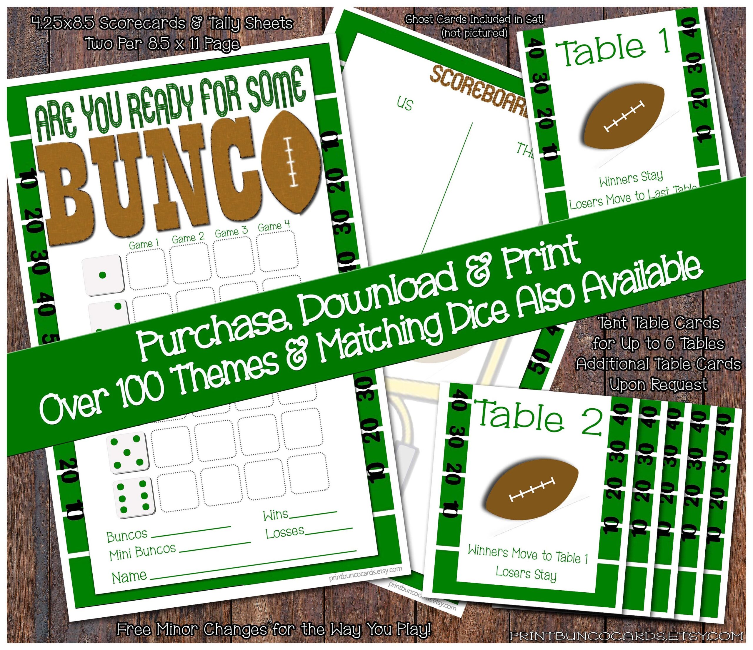 Printable Football Game Day Bunco Cards Superbowl Bunko Scorecards 
