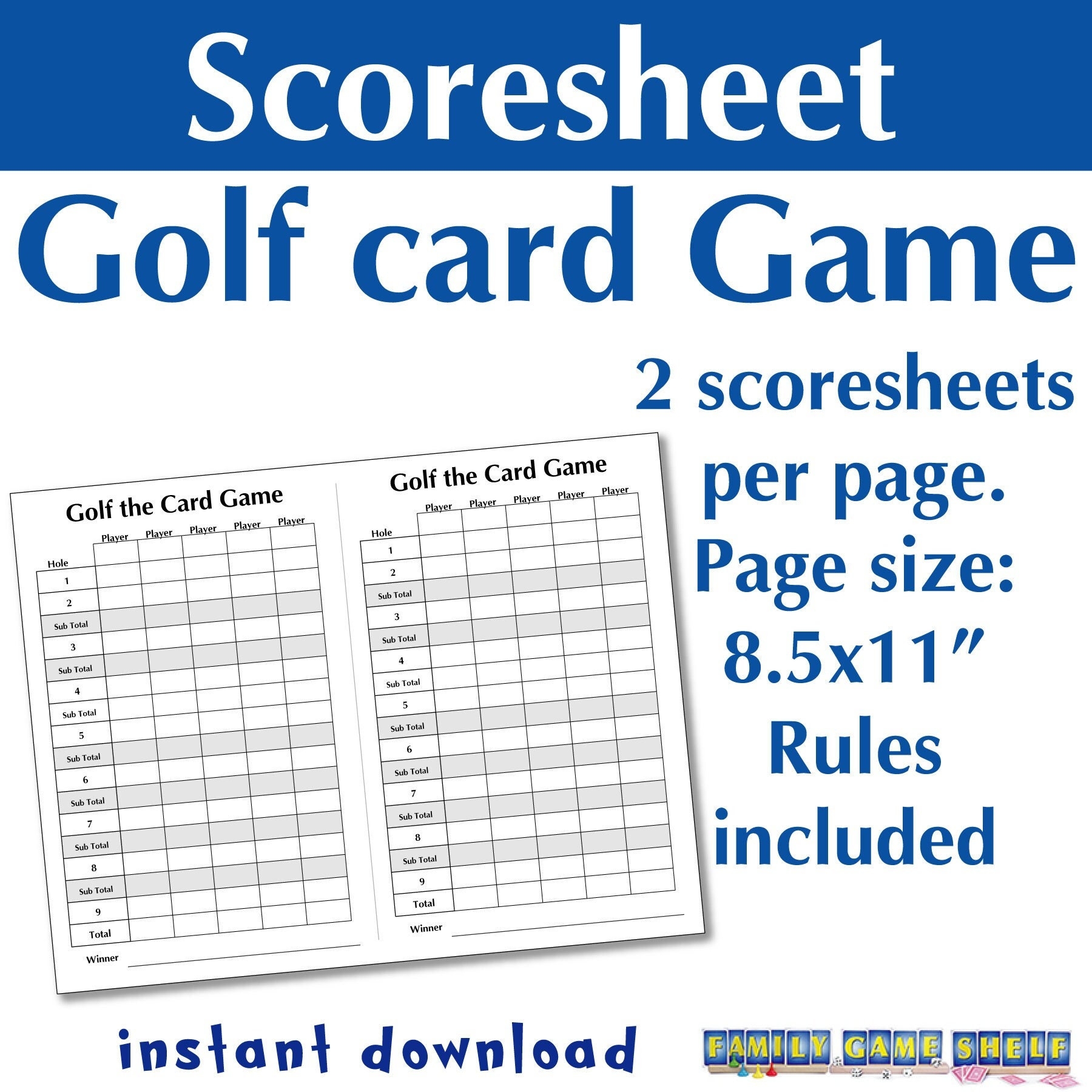 Printable Golf Card Game With Score Sheet Rules And Card Game Instructions For Family Game Night Etsy