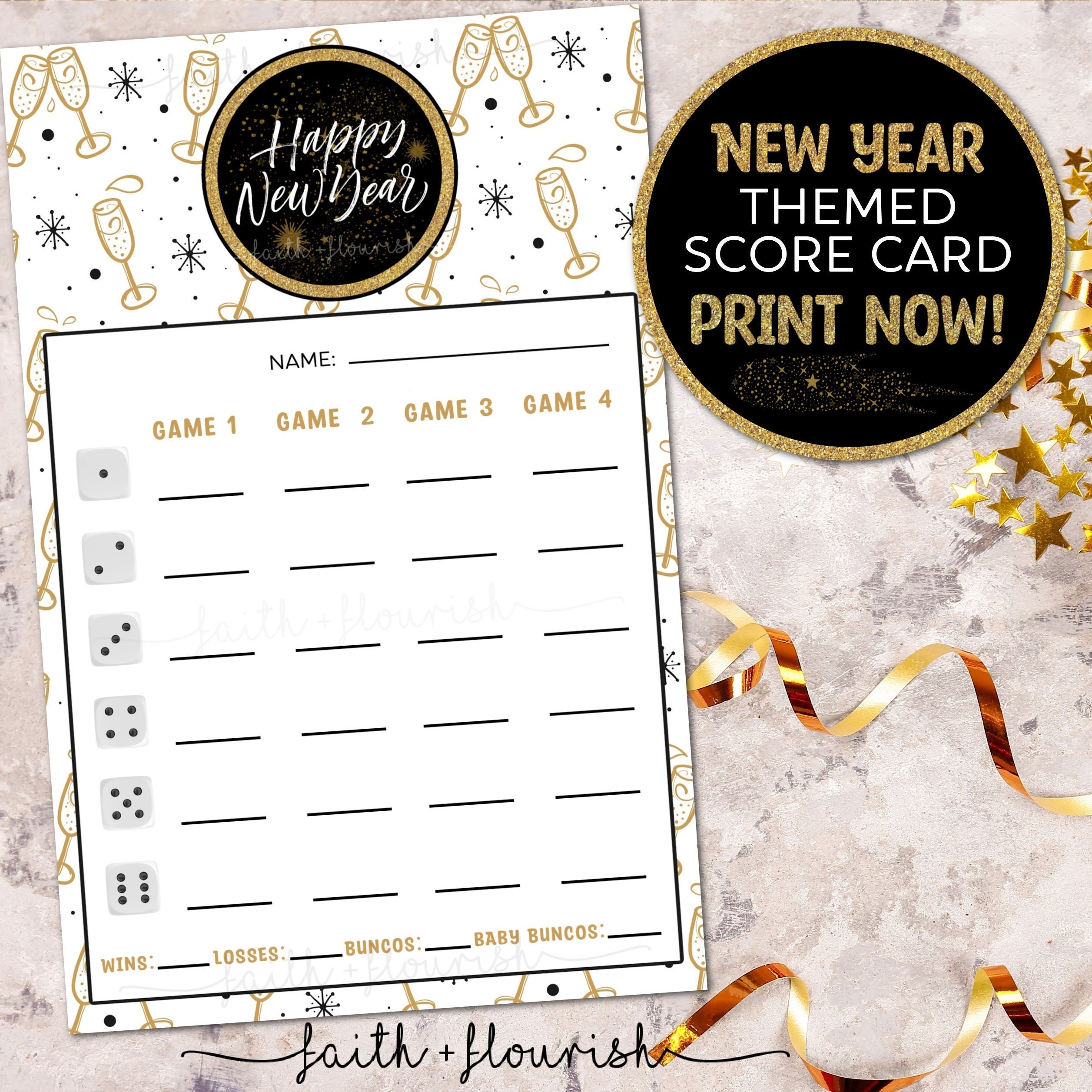 Printable Happy New Year Bunco Score Card Sheet Happy New Year s Bunco New Year Game Gold Confetti Bunco December January Bunco Etsy