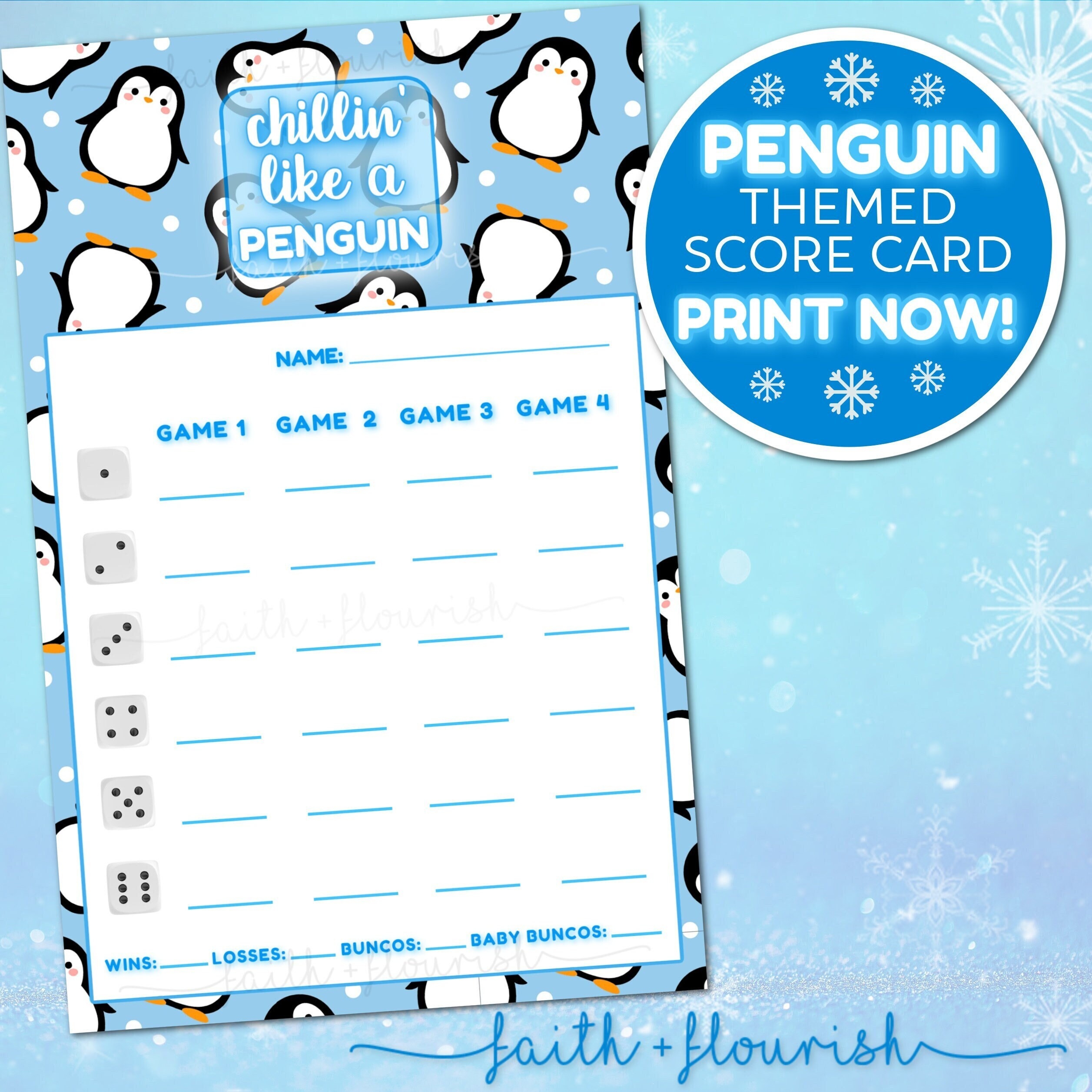 Printable Penguin Bunco Score Card Sheet Winter And Snow Penguin 