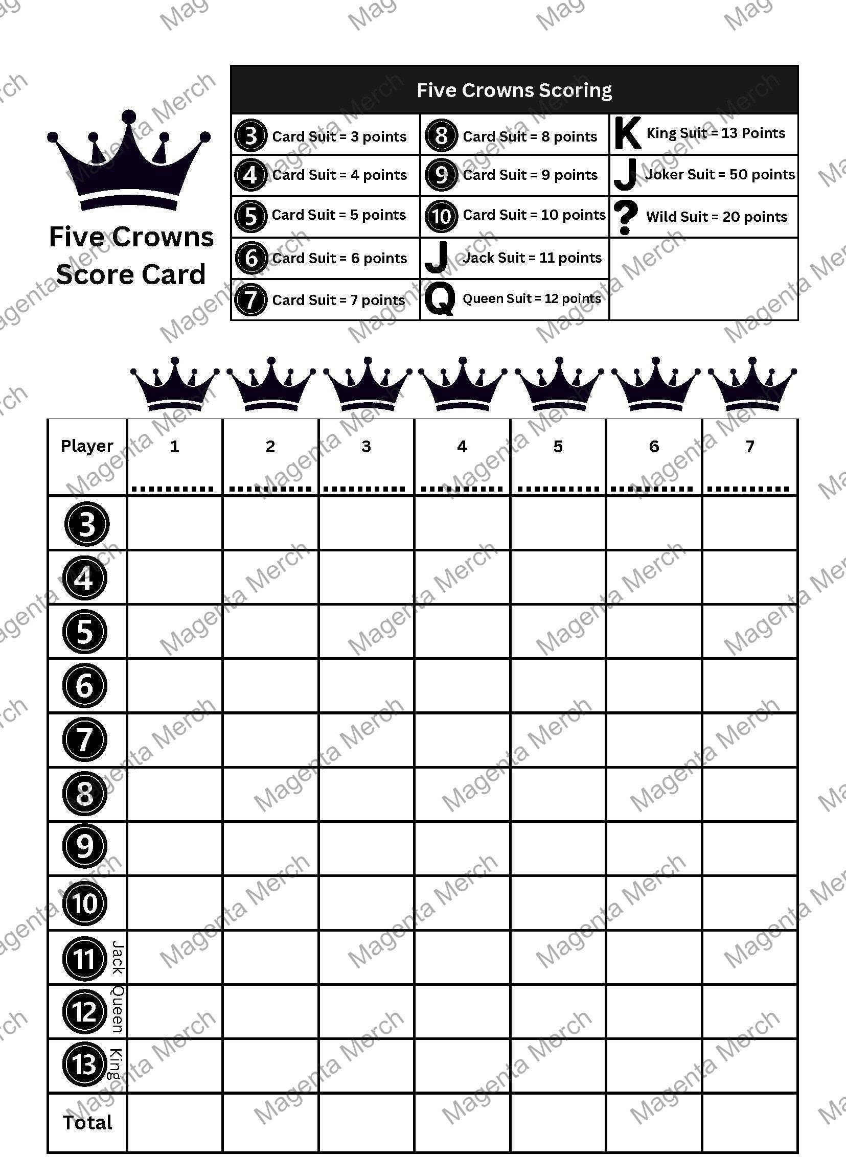 Printable Replacement Score Card Compatible With Five Crowns A0 A1 A2 A3 A4 And US Letter PDFs